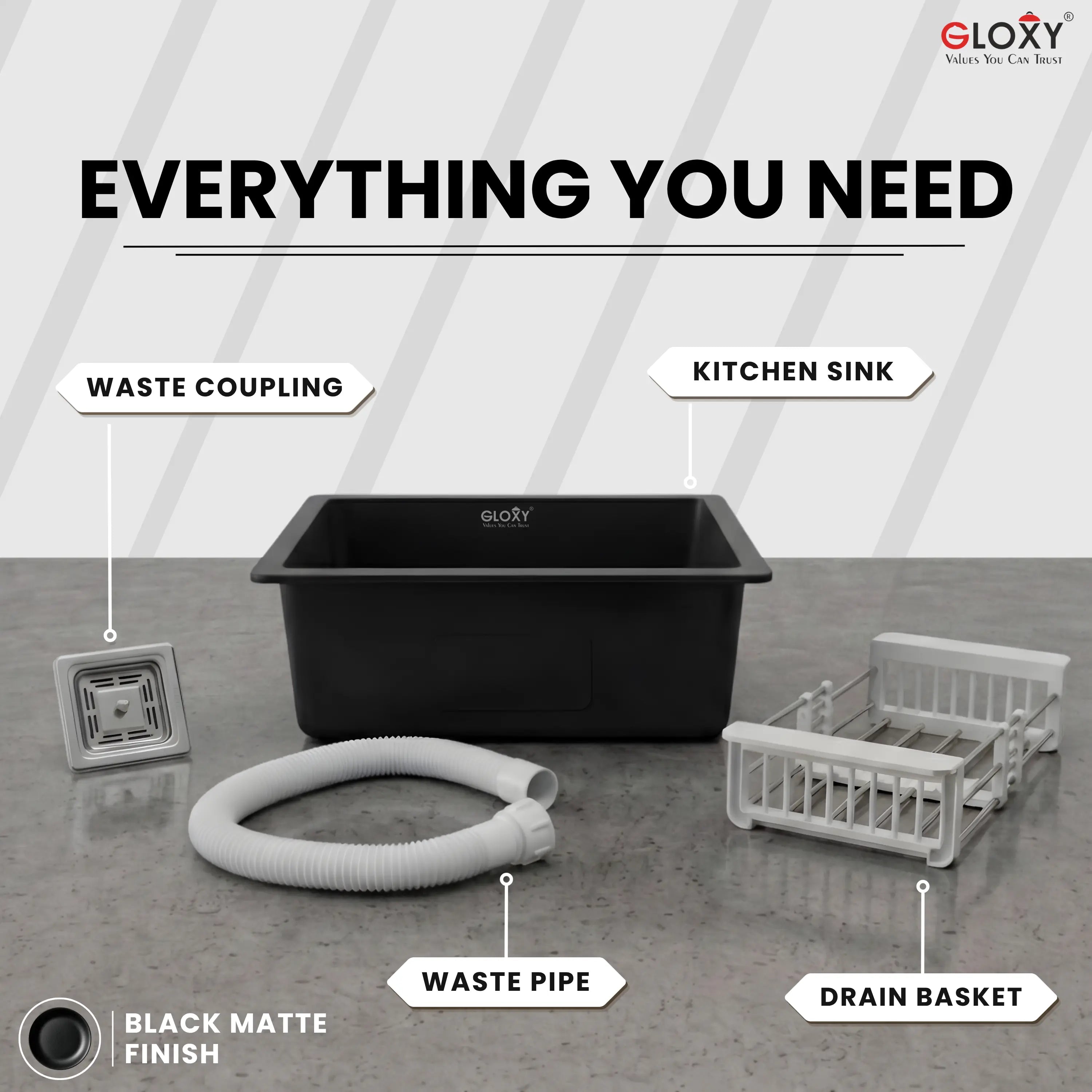 Gloxy Stainless Steel Handmade Single Bowl Quartz Sink For Kitchen 16x18 Inch-Black