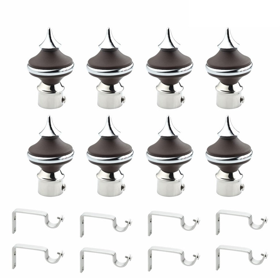 Gloxy Matka Shape Stainless Steel & ABS Curtain Rod Finials with Support– Brown 4 Pair