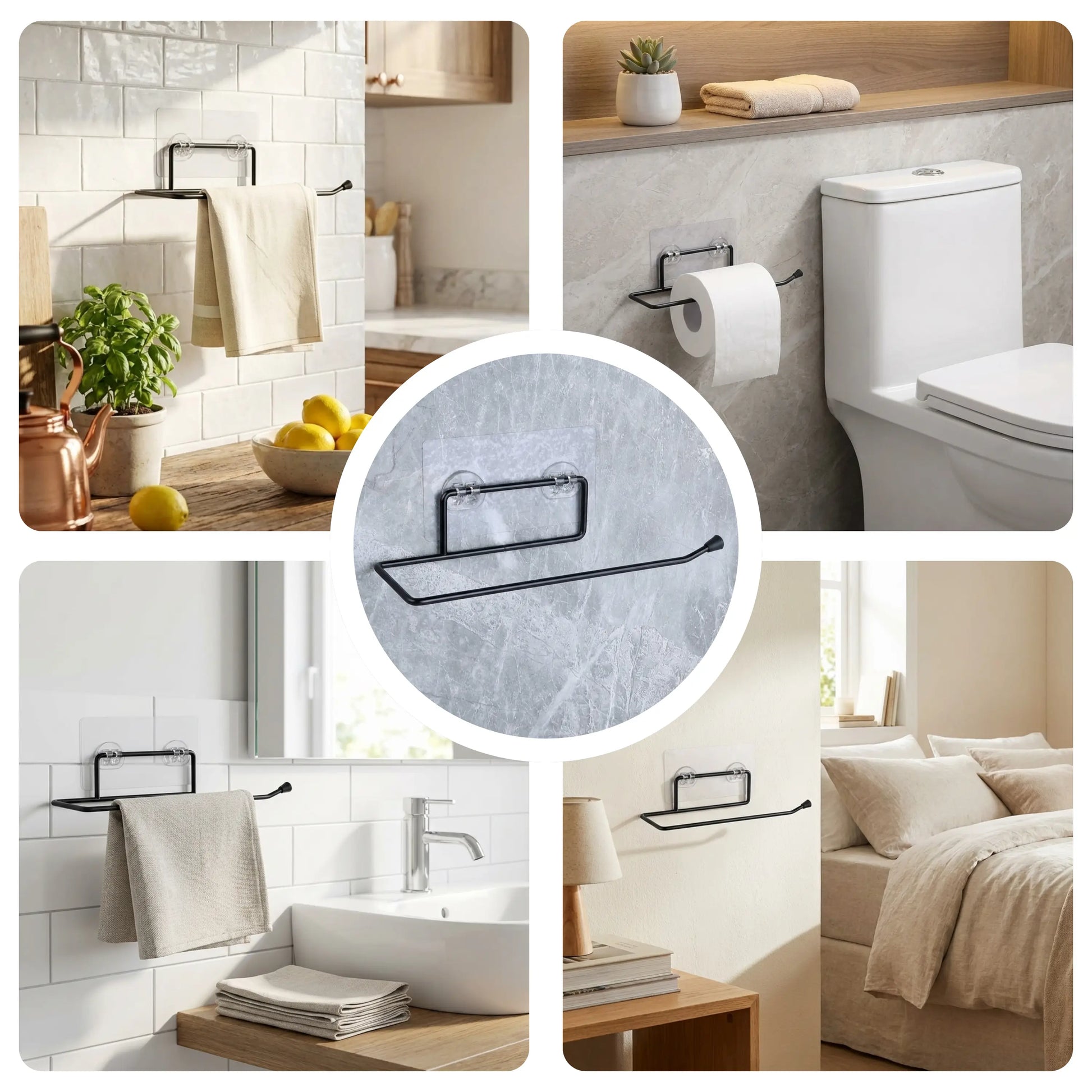 Collage of bathroom fixtures and decor with a close-up of a black metal towel rack.