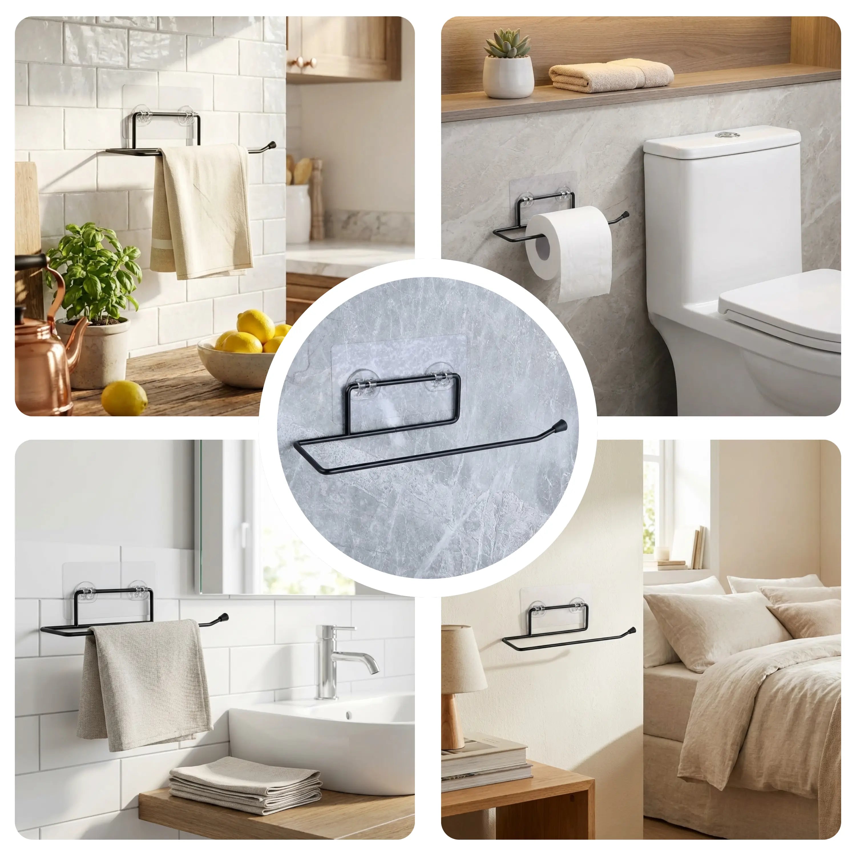 Collage of bathroom fixtures and decor with a close-up of a black metal towel rack.