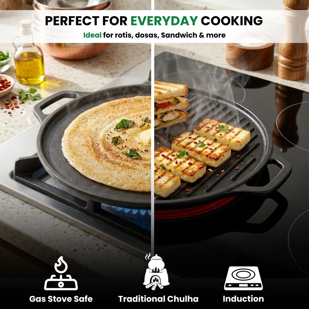 GLOXY Premium Cast Iron 2 in 1 Tawa