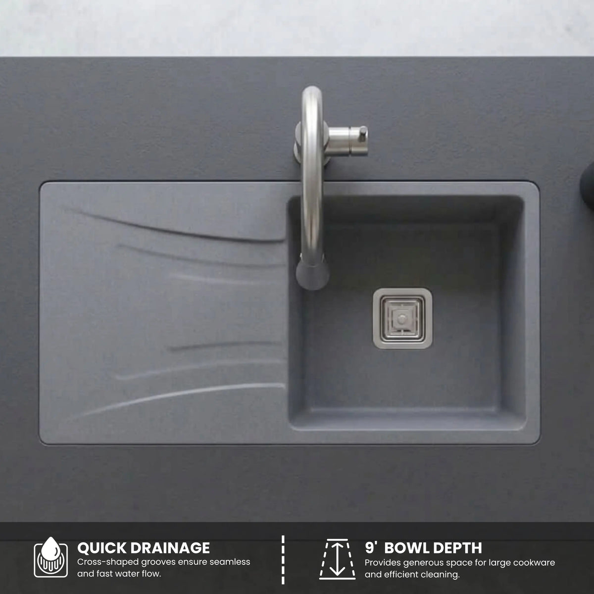 Gloxy Quartz Granite Single Bowl Kitchen Sink with Drain Board | 36 × 18 × 9 Inches (Grey Matte)