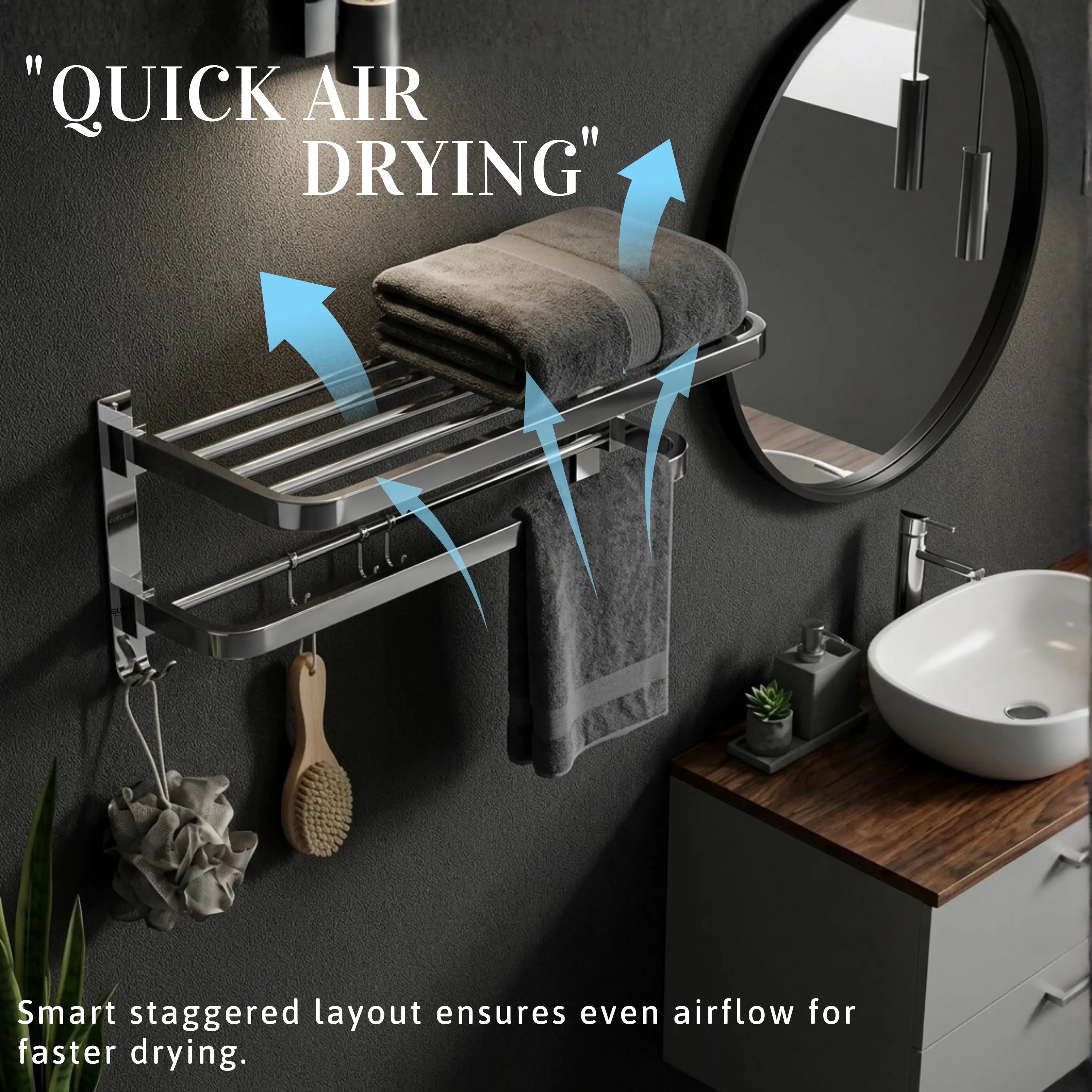 GLOXY Premium SS 304 Towel Rack 24 Inch | Wall Mounted Foldable Bathroom Towel Holder with Shelf & Hooks