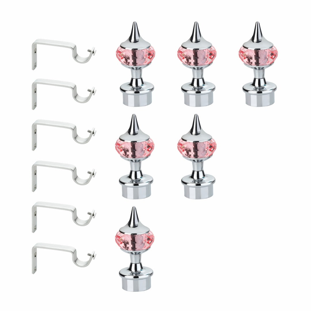 Gloxy Single Diamond Aluminium Curtain Rod Finials with Support– Silver Mix Pink Pair of 3