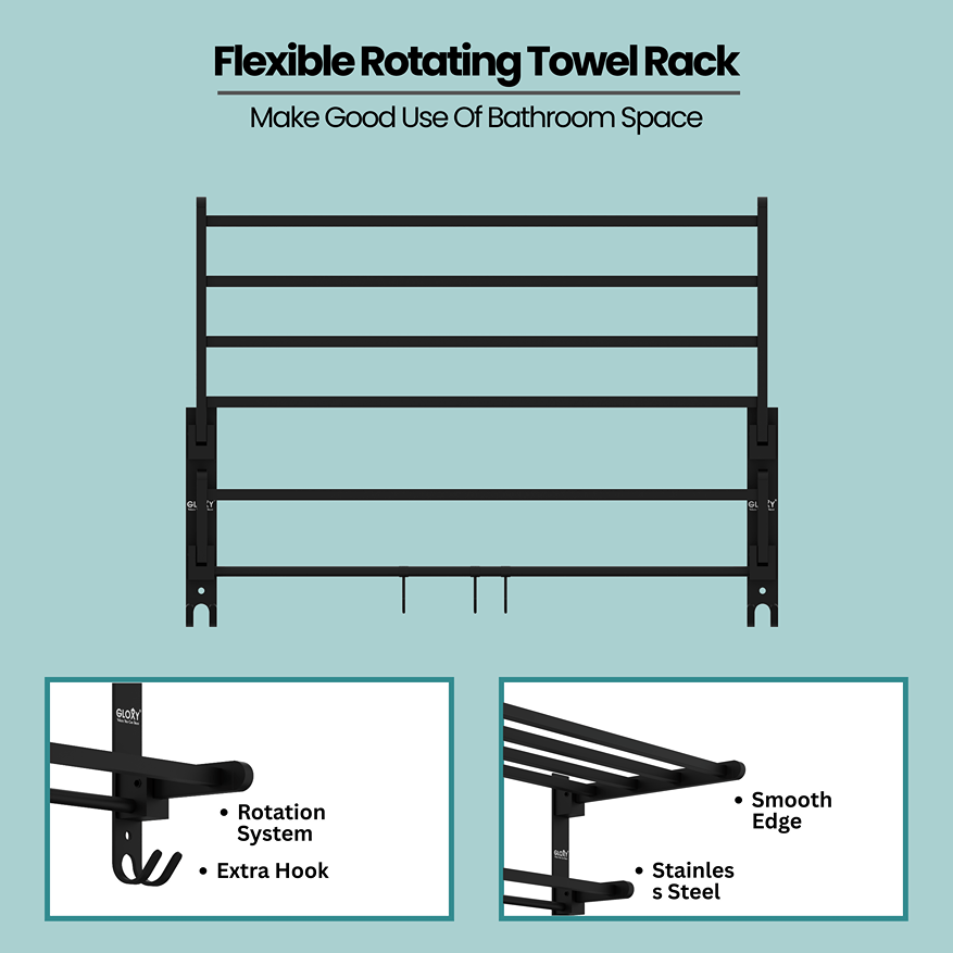 Gloxy Rectangular Shape Stainless Steel Black Finsih Folding 2-Bar Towel Rack with Adjustable Hook-24 Inch