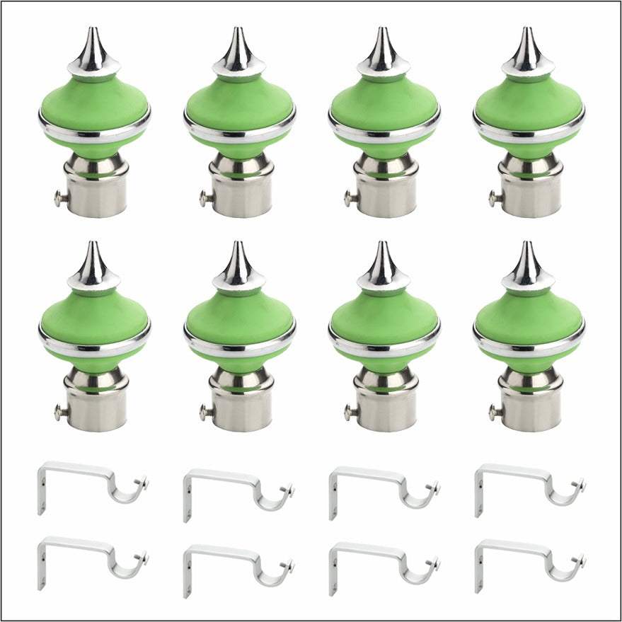 Gloxy Matka Shape Stainless Steel & ABS Curtain Rod Finials with Support– Green 4 Pair