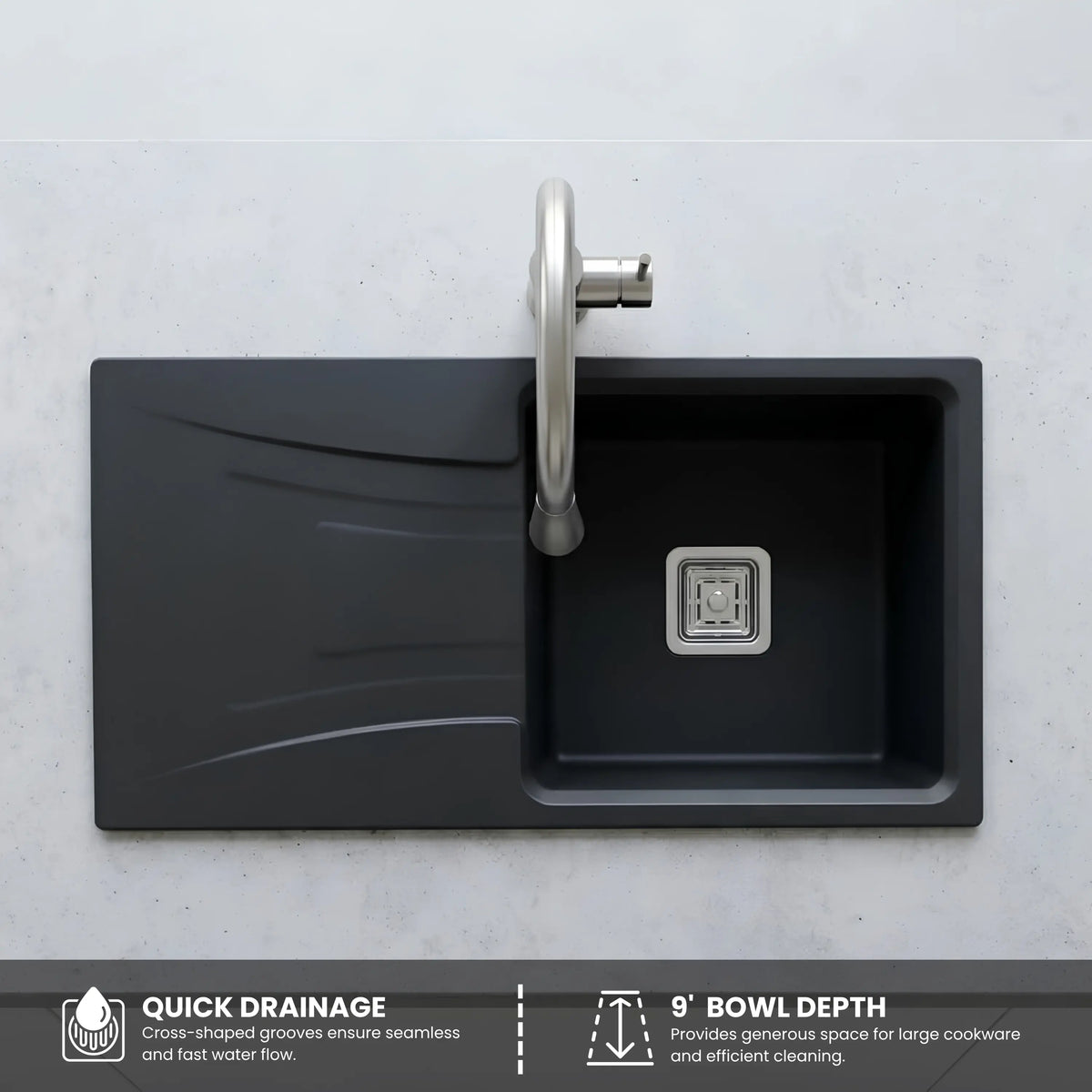 Gloxy Quartz Granite Single Bowl Kitchen Sink with Drain Board | 36 × 18 × 9 Inches (Black Matte)