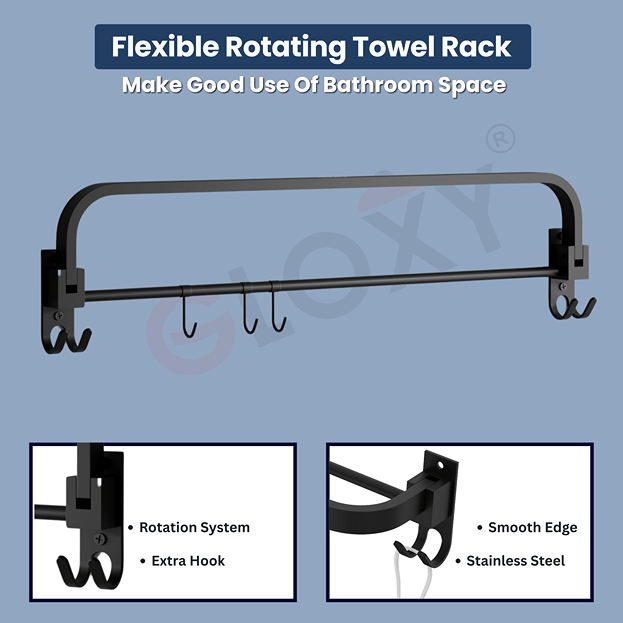 Gloxy Round Shape Stainless Steel Black Finish Folding Towel Rod with Adjustable Hooks – 24 Inch