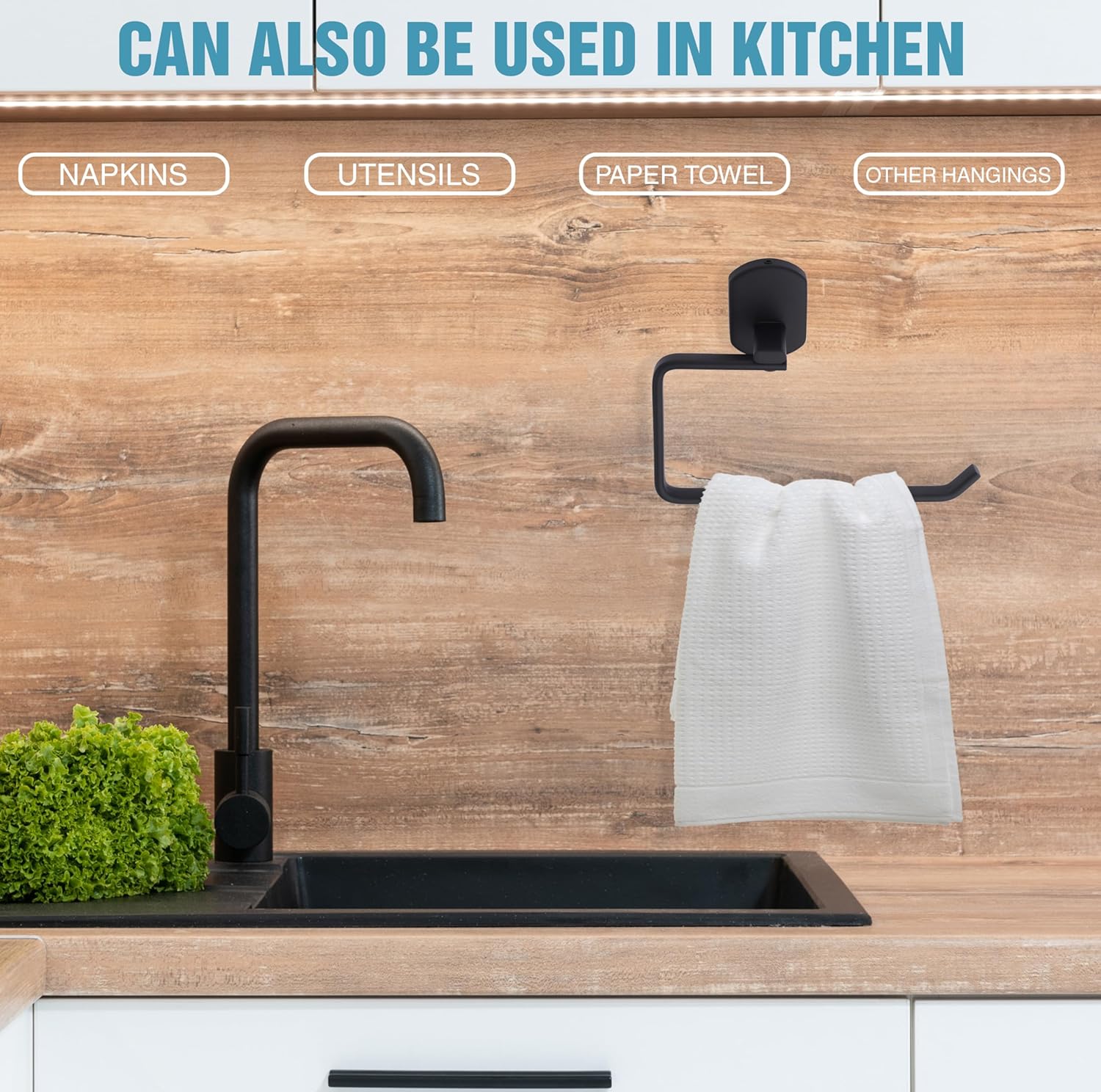 GLOXY Stainless Steel Black Matt Finish Napkin Holder for Washbasin Kitchen Wall Mounted Towel Ring Bathroom Accessories