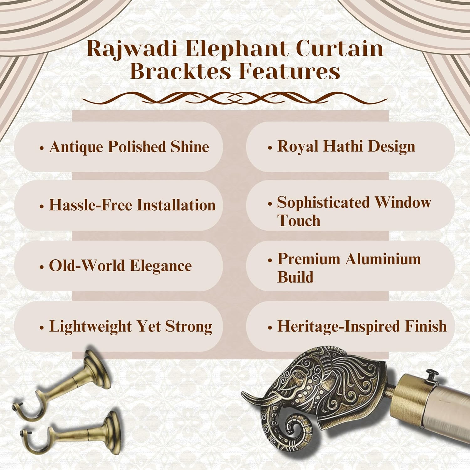 Rajwada Royal Aluminium Curtain Bracket with C Shape Support (Antique)-by GLOXY®