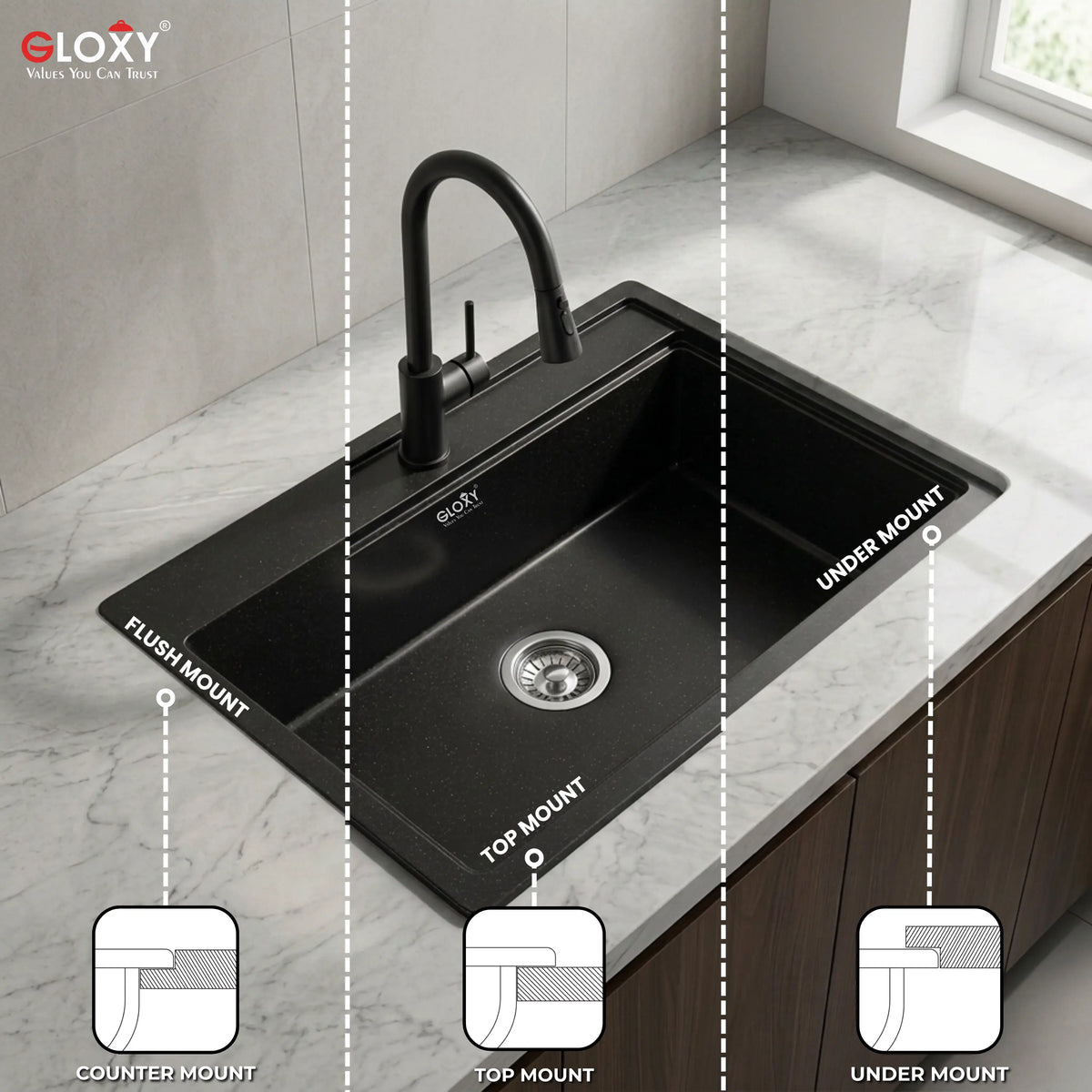 Gloxy Premium Granite Quartz Kitchen Sink 16" x 18" x 9" - Black Matte Finish