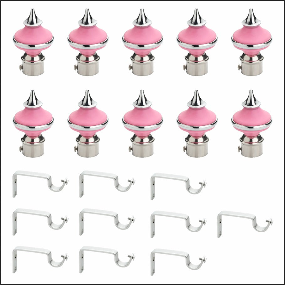 Gloxy Matka Shape Stainless Steel & ABS Curtain Rod Finials with Support– Pink 5 Pair
