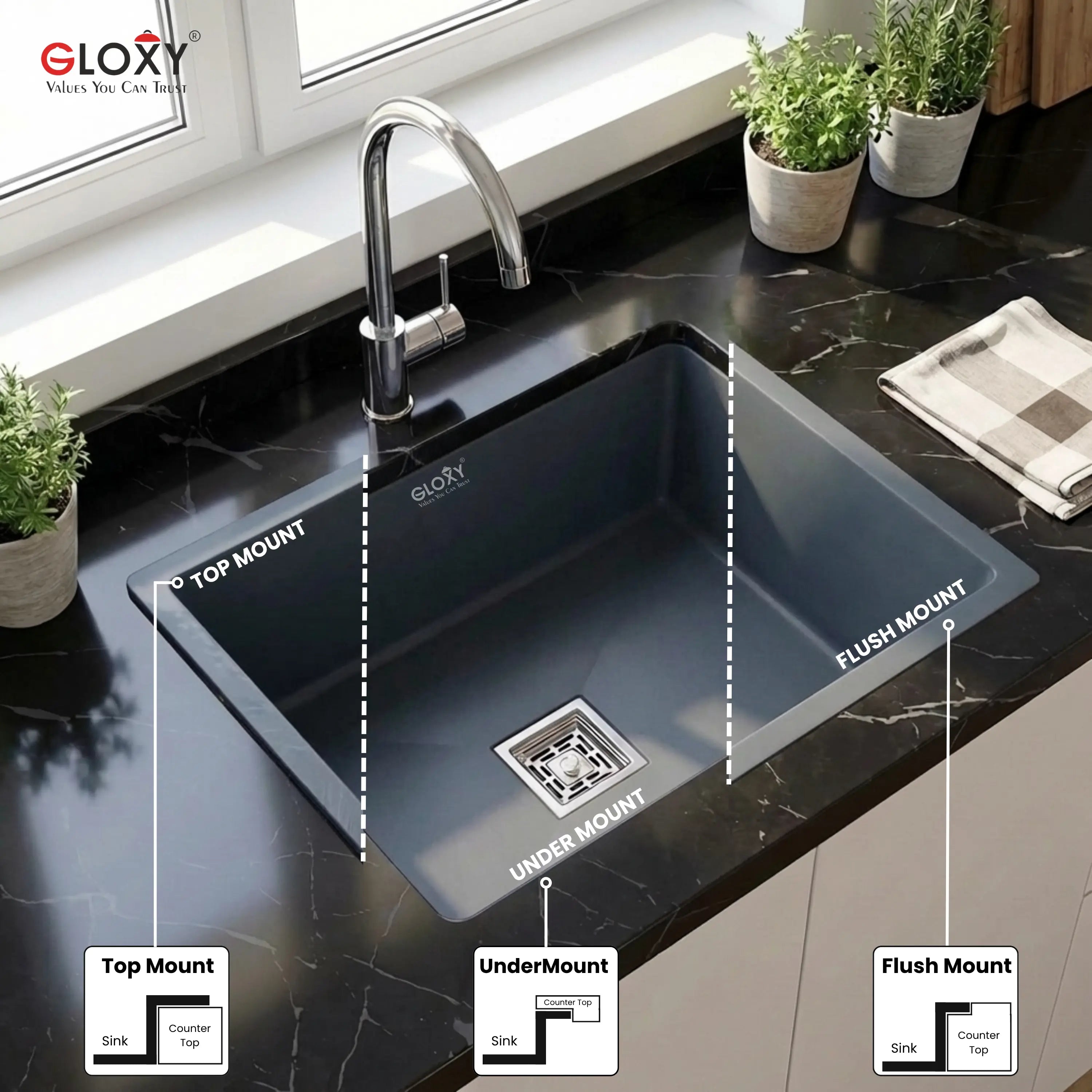 Gloxy Stainless Steel Handmade Single Bowl Kitchen Sink 16x18 Inch-Gray