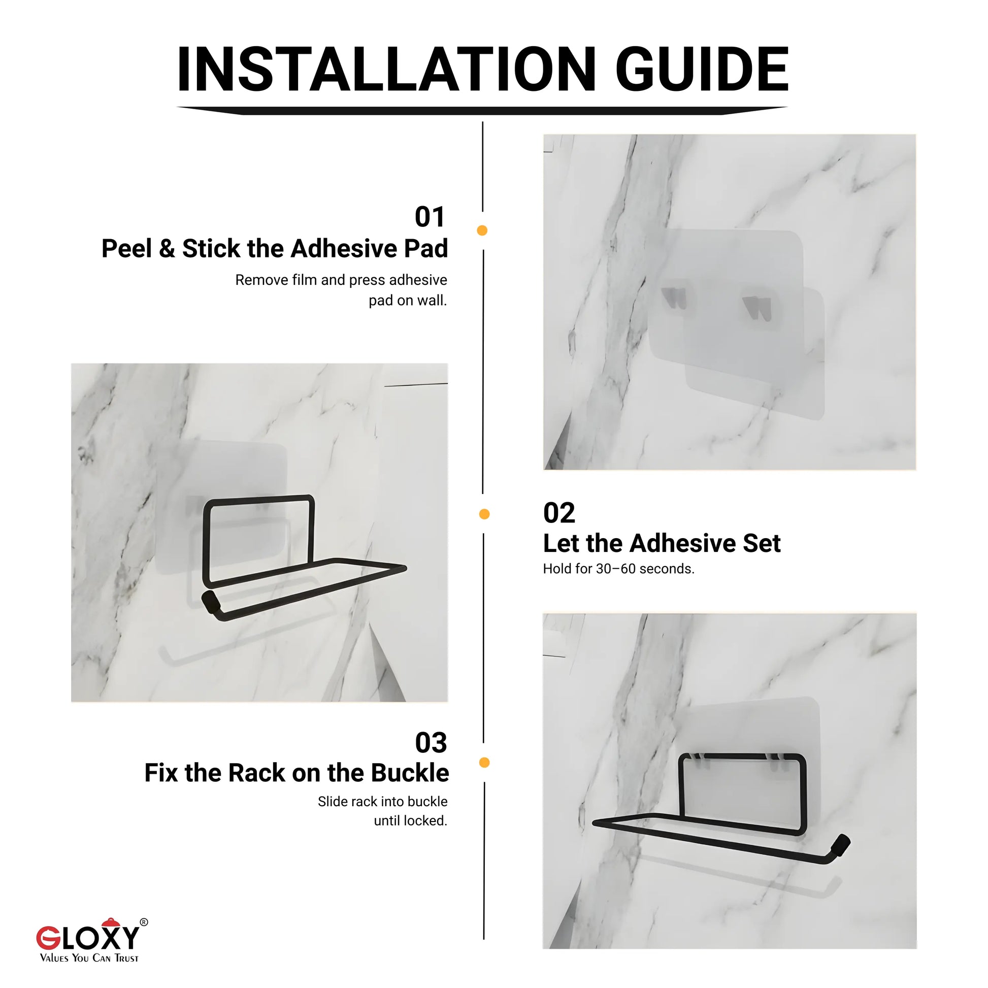 Installation guide for a rack with adhesive pad on marble wall background