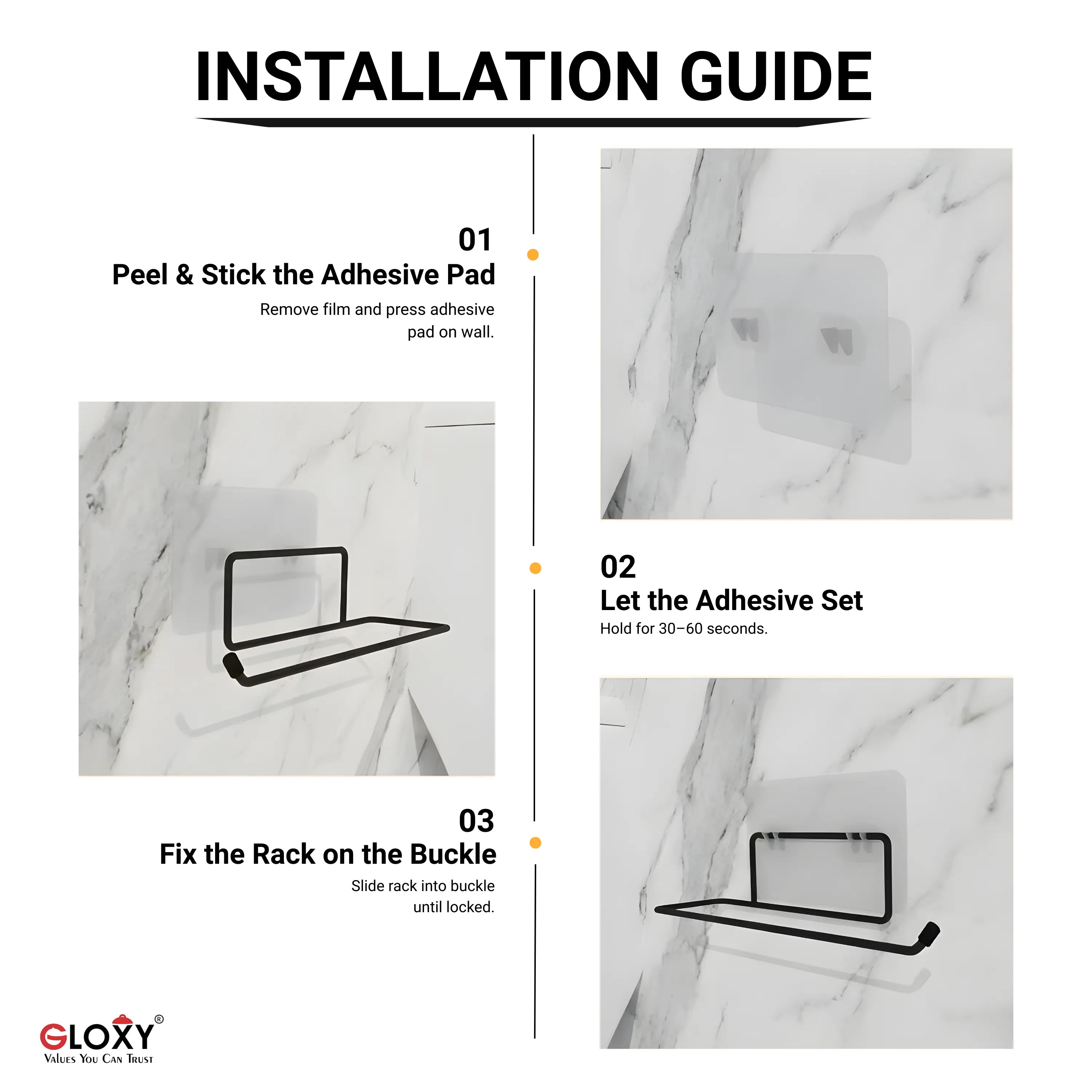 Installation guide for a rack with adhesive pad on marble wall background