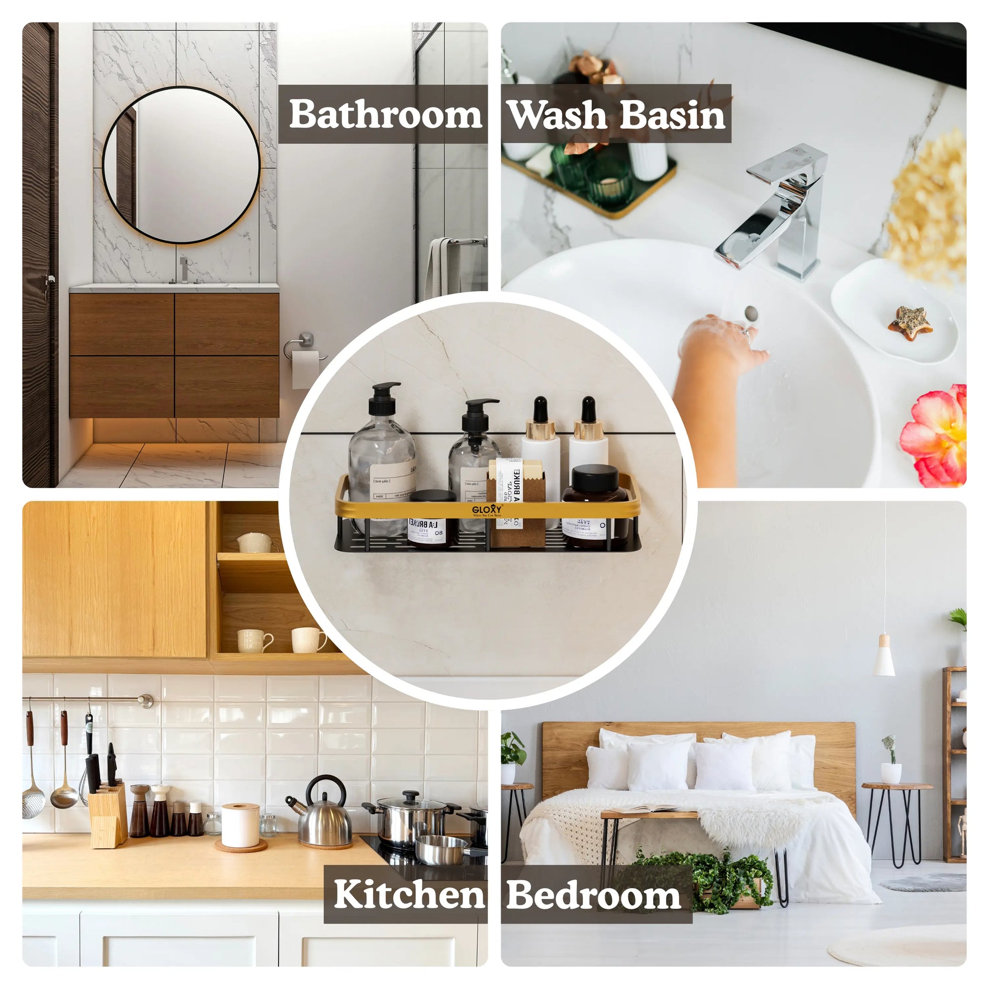 Collage of bathroom, wash basin, kitchen, and bedroom scenes.