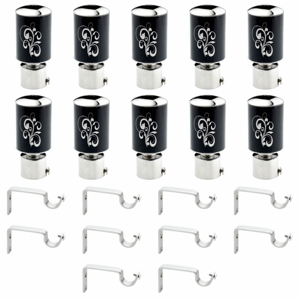 Gloxy Floral Print Stainless Steel Curtain Rod Finials with Support– Black 5 Pair