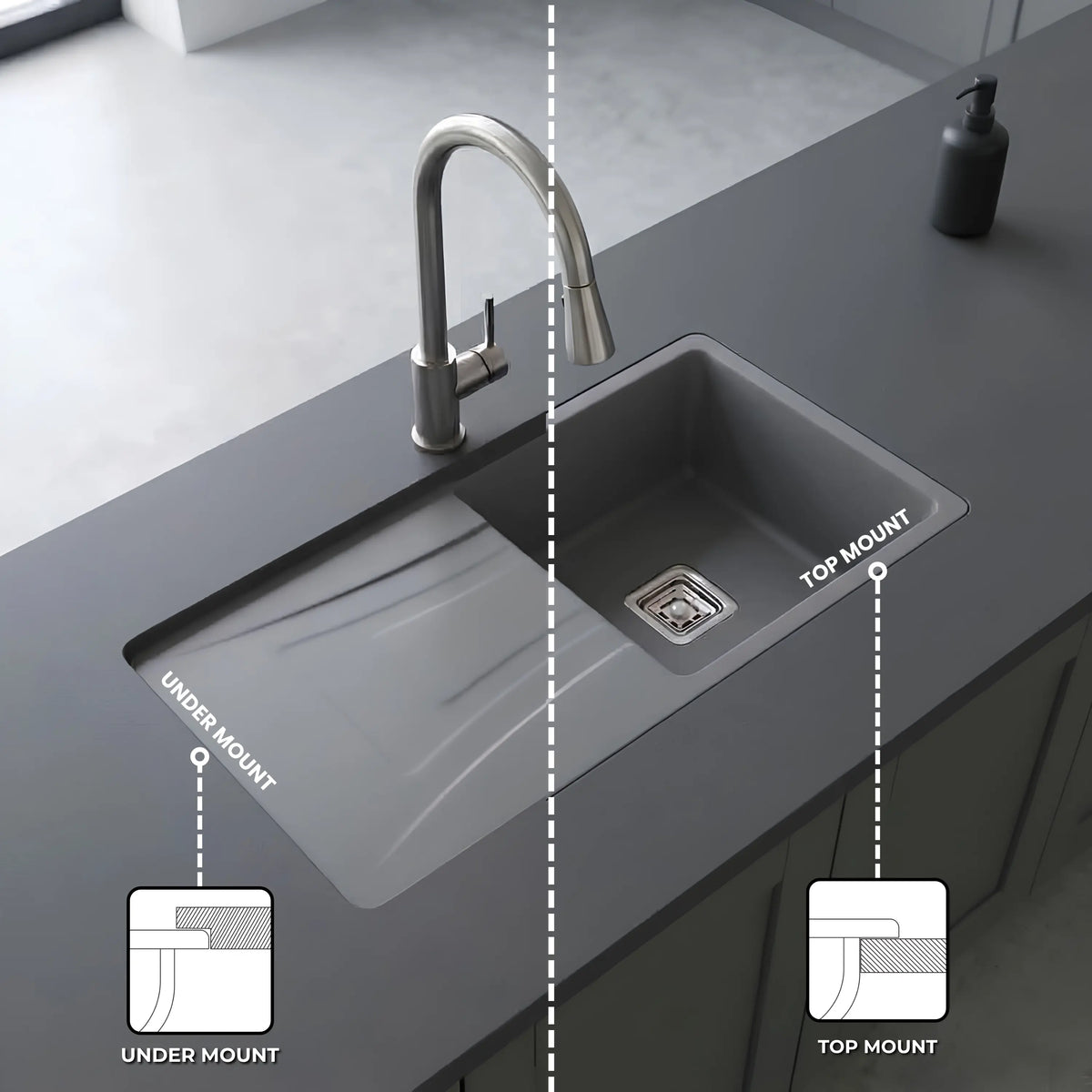 Gloxy Quartz Granite Single Bowl Kitchen Sink with Drain Board | 36 × 18 × 9 Inches (Grey Matte)
