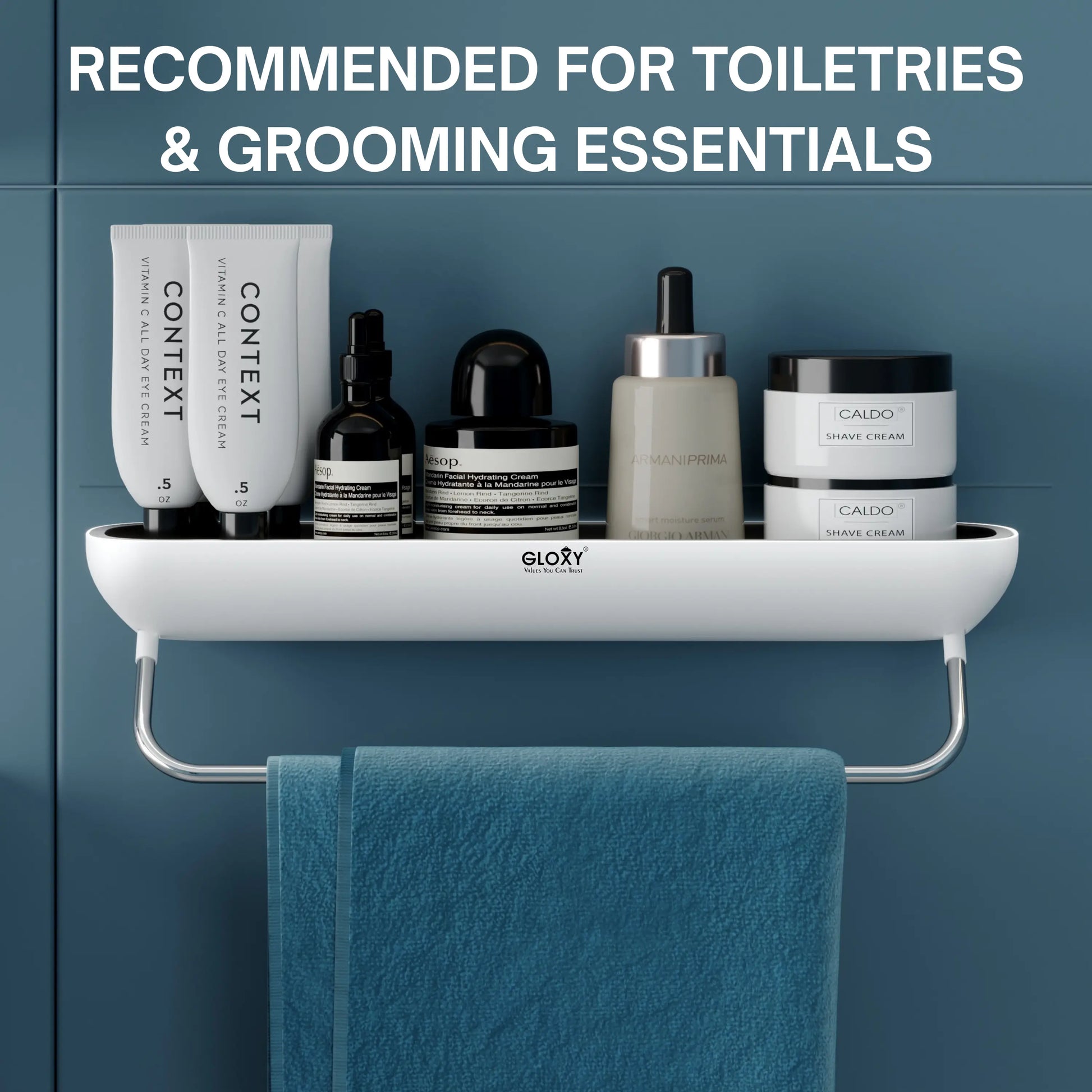 Bathroom shelf with toiletries and grooming essentials against a blue wall.