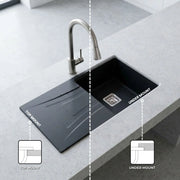 Gloxy Quartz Granite Single Bowl Kitchen Sink with Drain Board | 36 × 18 × 9 Inches (Black Matte)