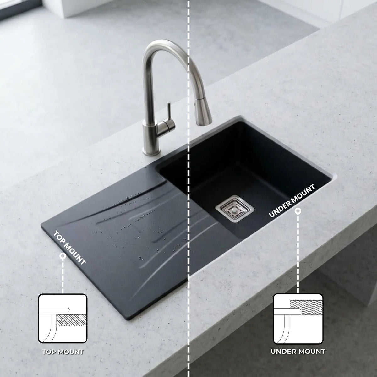 Gloxy Quartz Granite Single Bowl Kitchen Sink with Drain Board | 36 × 18 × 9 Inches (Black Matte)