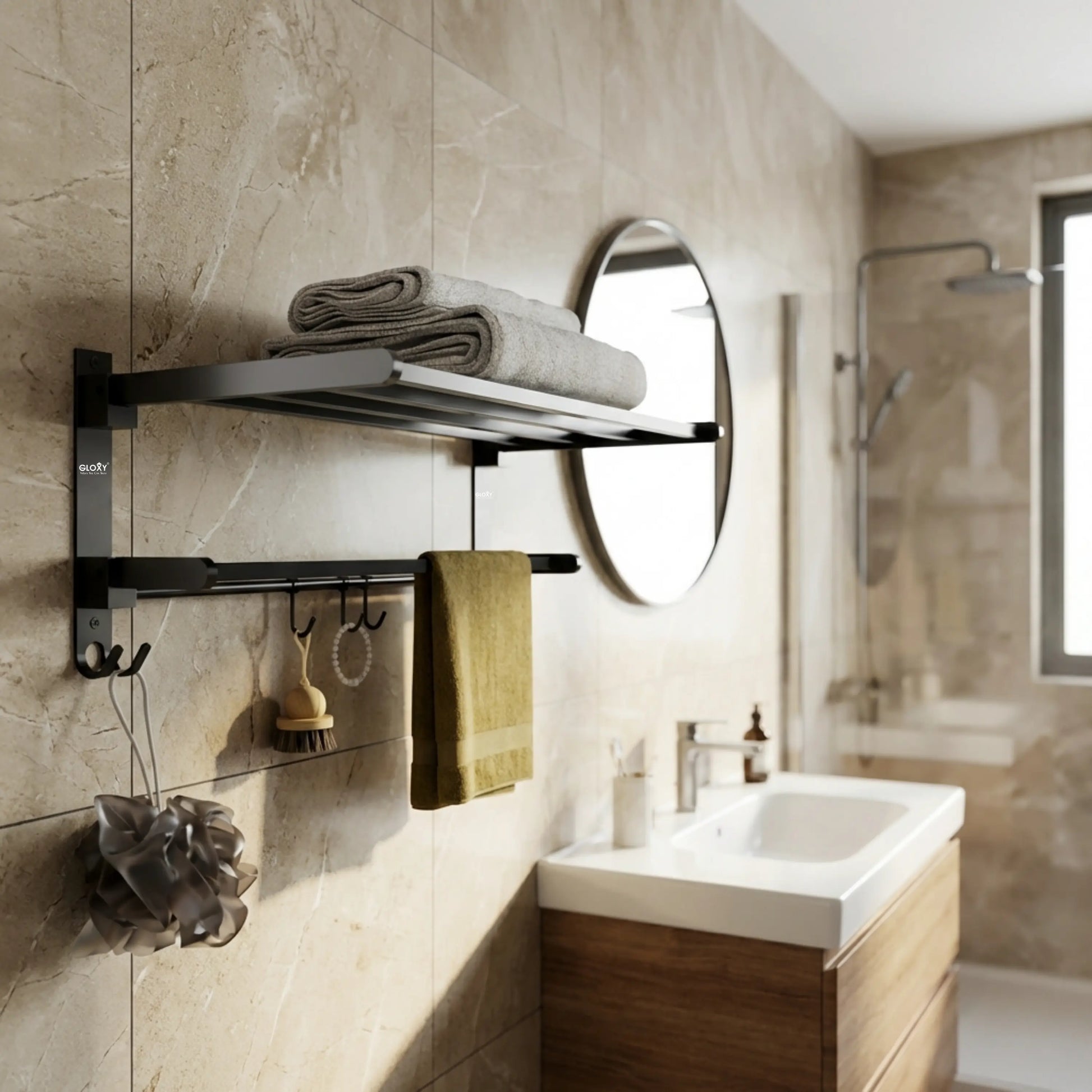 Gloxy Rectangular Shape Stainless Steel Black Finsih Folding 24 Inch Towel Rack For Bathroom