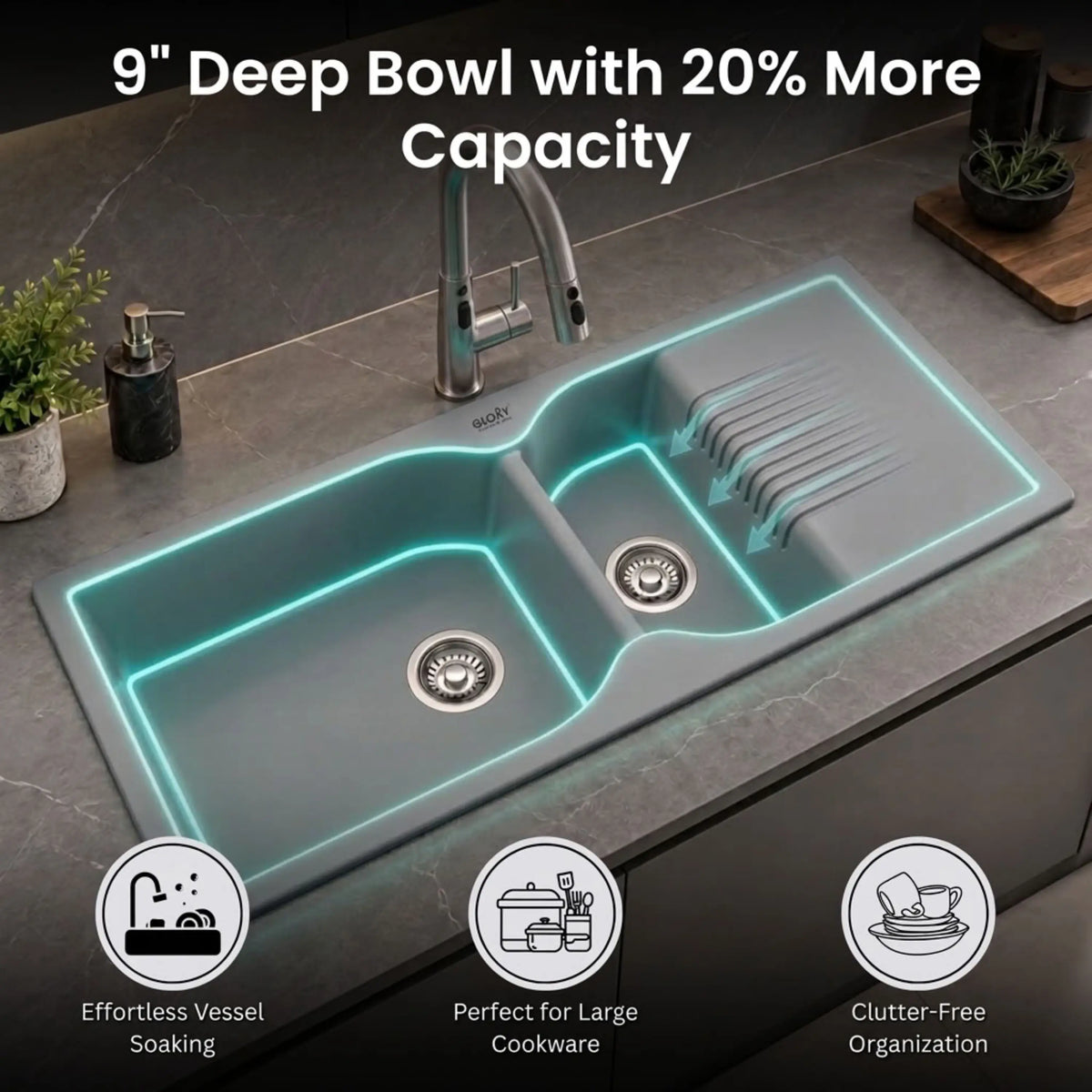 GLOXY Quartz Granite Double Bowl Kitchen Sink with Drain Board | 45 × 20 × 9 Inches (Grey Matte)