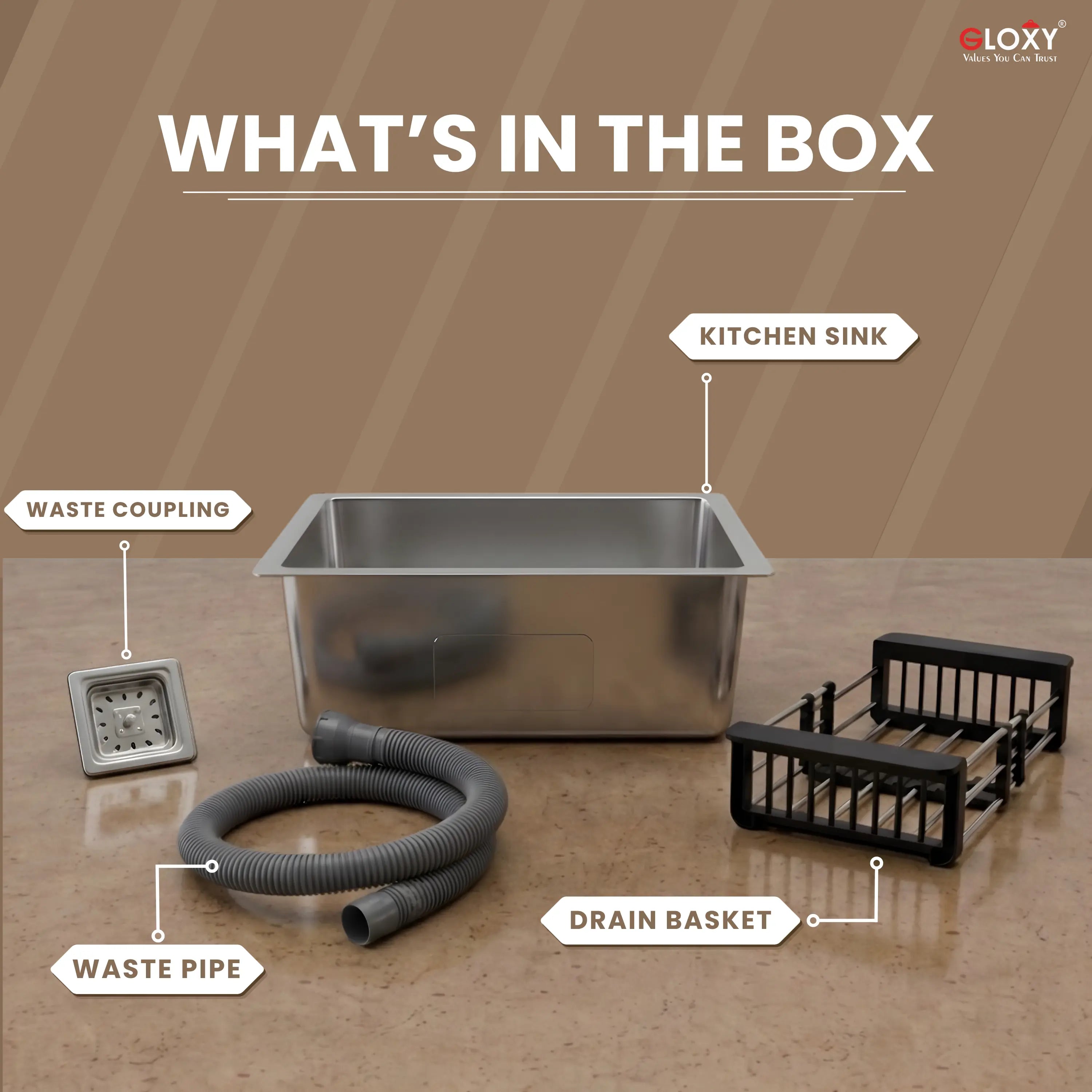 Gloxy Single Bowl 304 Stainless Steel Sink For Kitchen 24x18x10 Inch- Silver