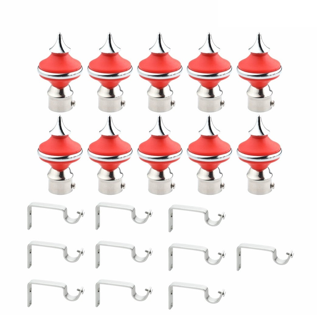 Gloxy Matka Shape Stainless Steel & ABS Curtain Rod Finials with Support– Red 5 Pair