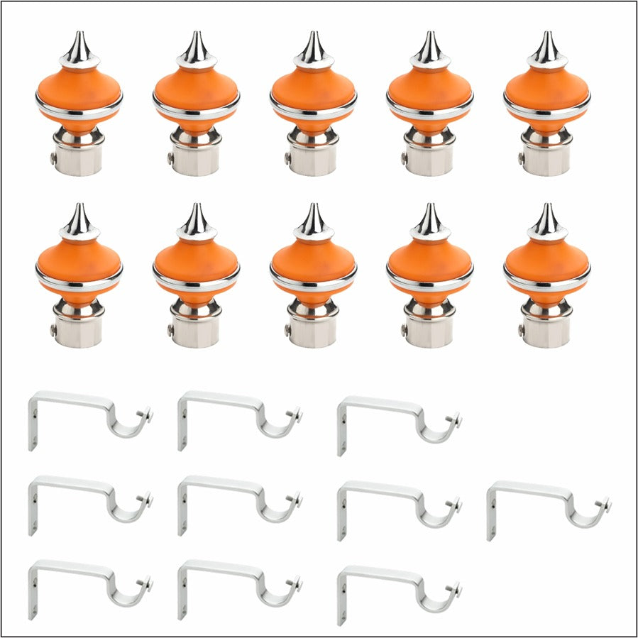 Gloxy Matka Shape Stainless Steel & ABS Curtain Rod Finials with Support– Orange 5 Pair