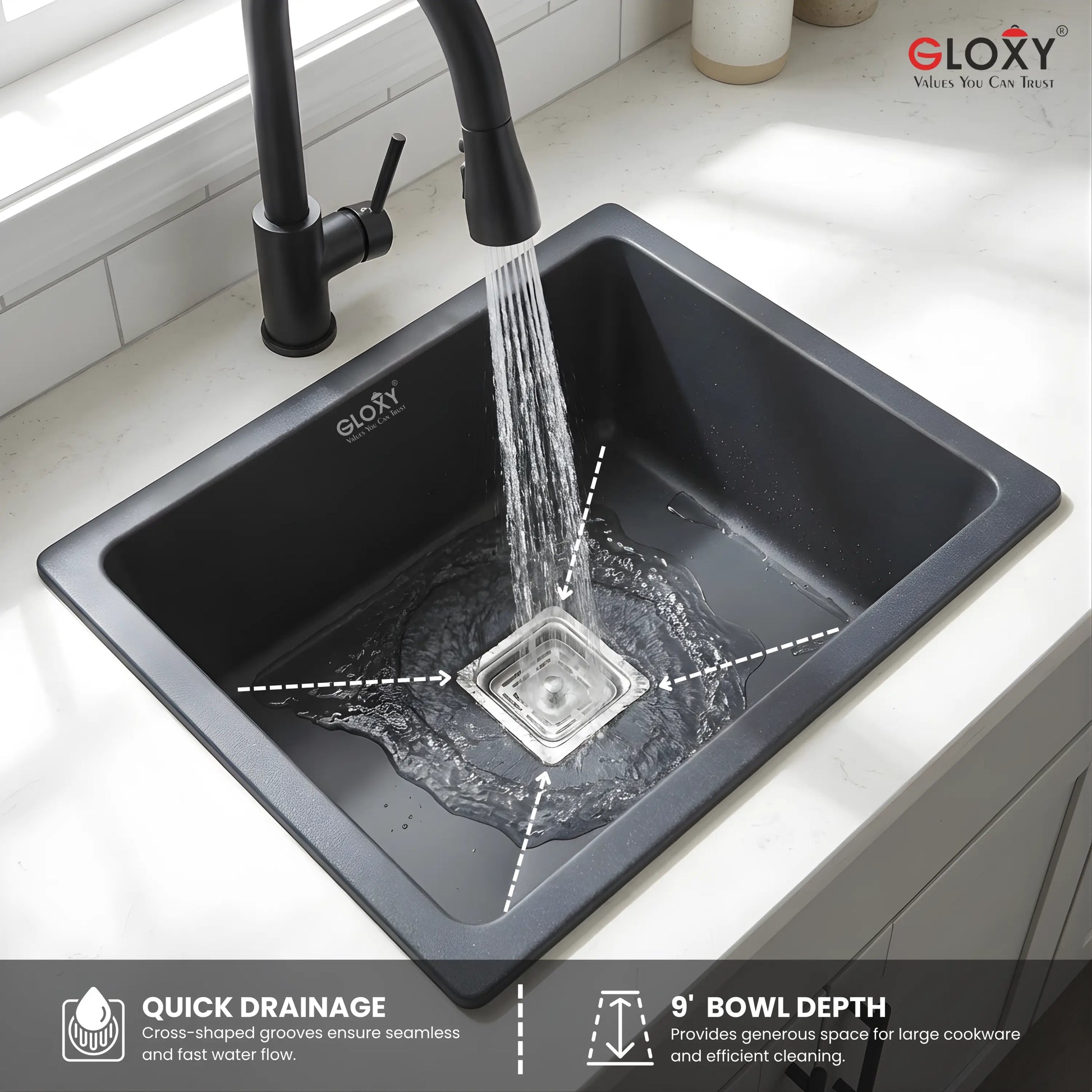 Gloxy Stainless Steel Handmade Single Bowl Quartz Sink For Kitchen 16x18 Inch-Black