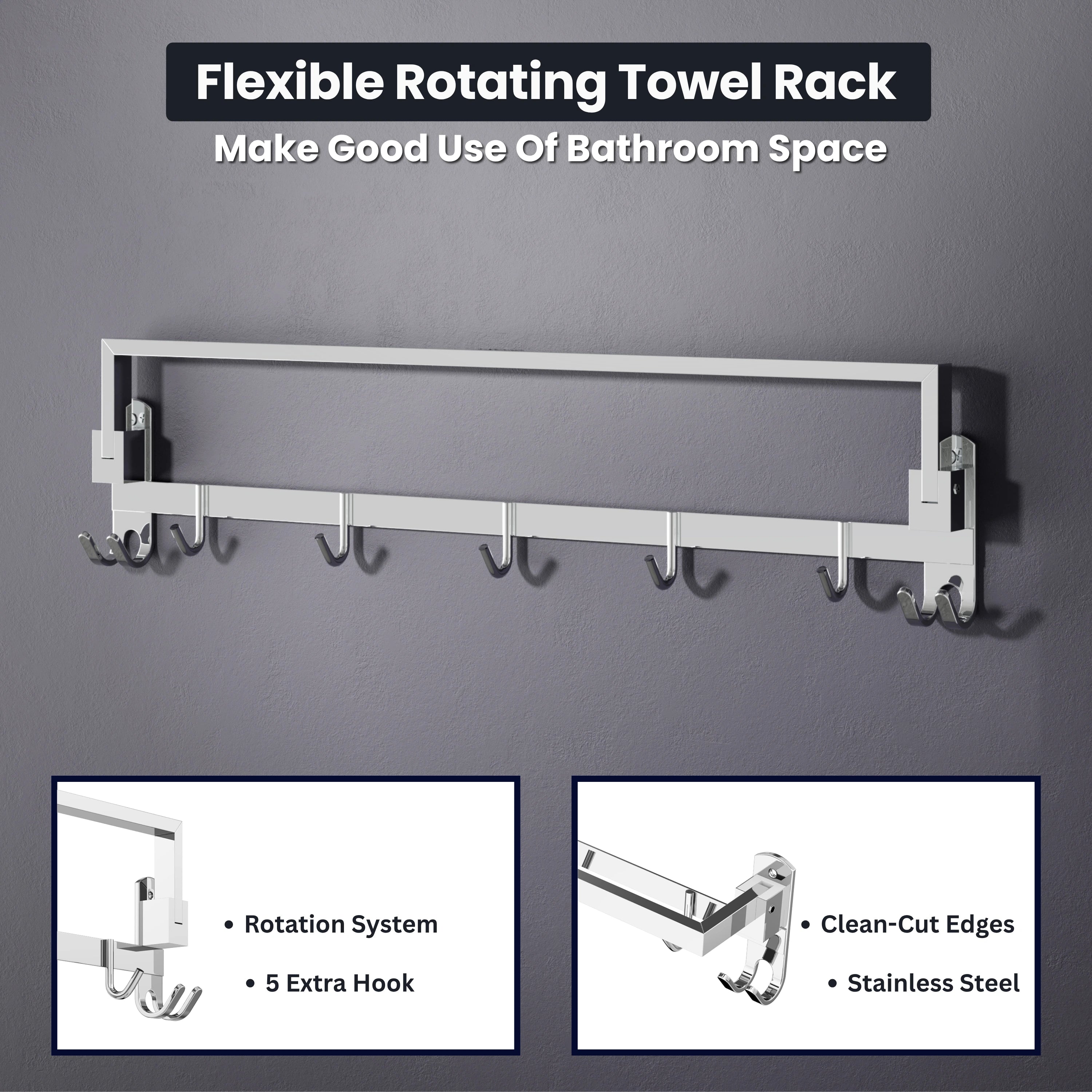 Gloxy Rectangular Shape Stainless Steel Chrome Finish Folding Towel Rod with Adjustable Hooks – 24 Inch