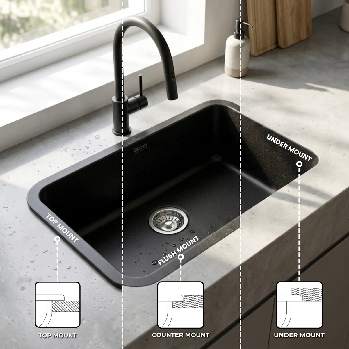 GLOXY Premium Quartz Granite Single Bowl Kitchen Sink 31x19x9 Inches - Matte Black Finish