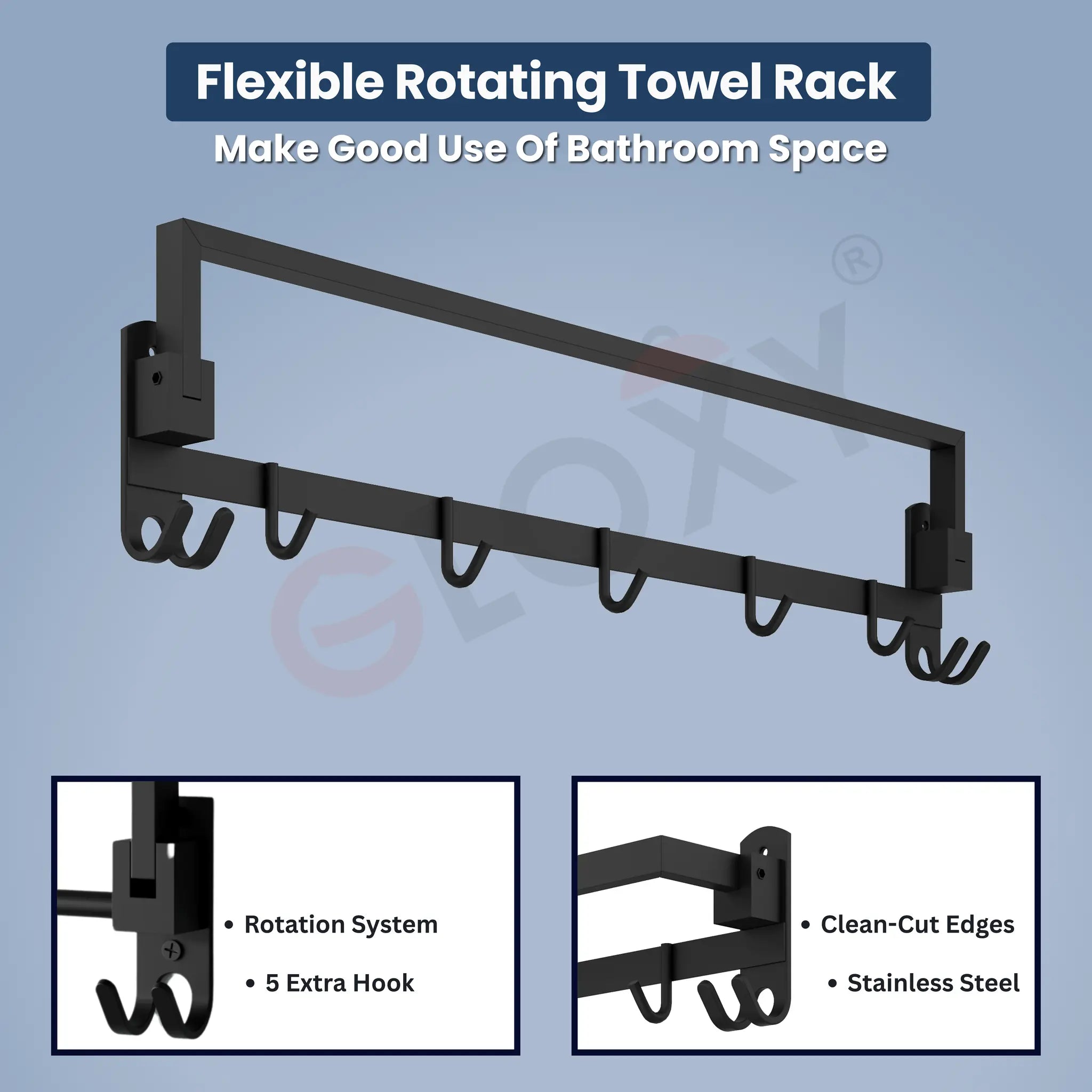 Gloxy Rectangular Shape Stainless Steel Chrome Finish Folding Towel Rod with Adjustable Hooks – 24 Inch