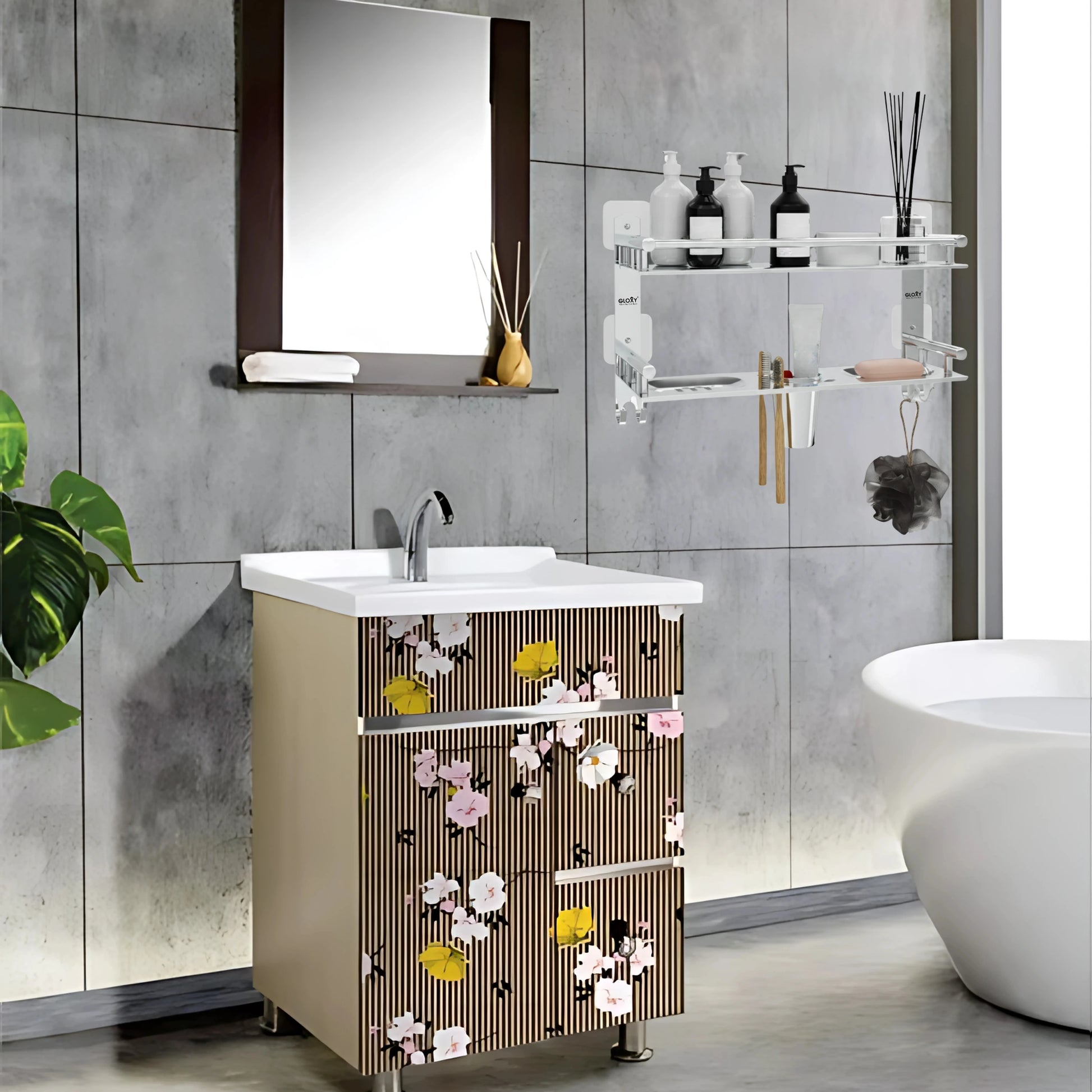 Gloxy Stainless Steel 2-Layer Chrome Finish Bathroom Shelf with Soap Dish, Tumbler Holder, Hooks-Adhesive Sticker Installation