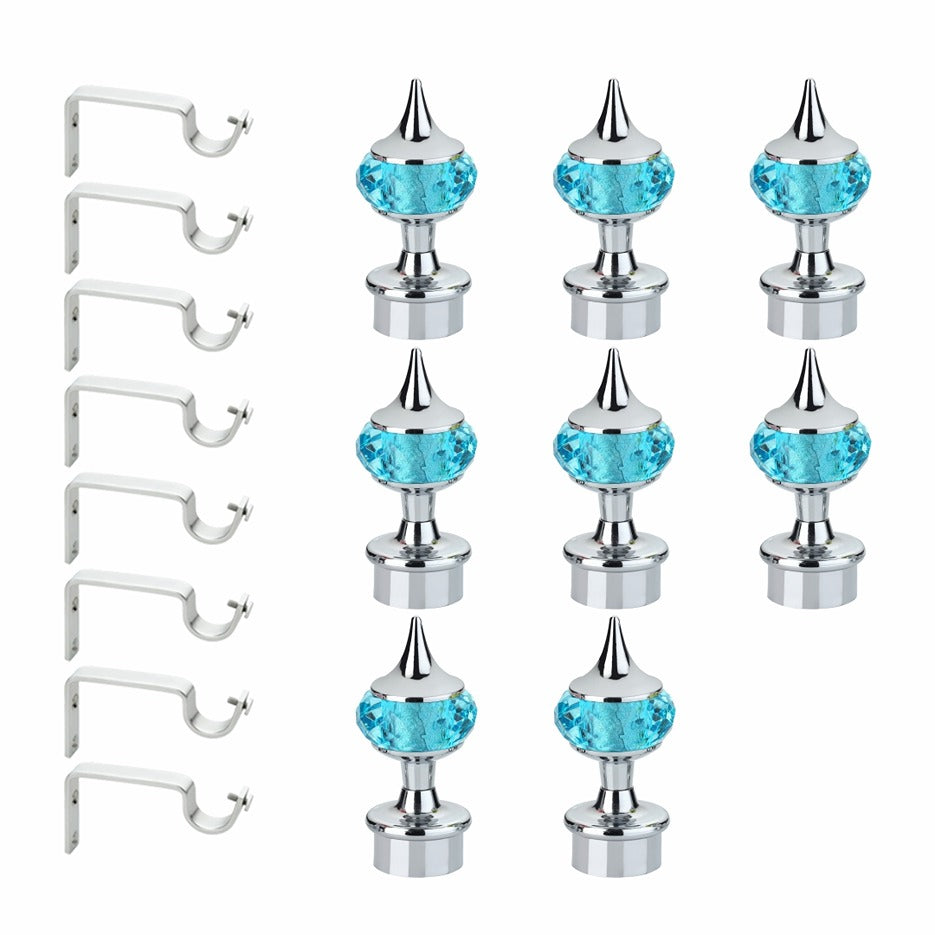 Gloxy Single Diamond Aluminium Curtain Rod Finials with Support– Silver Mix Sky Blue Pair of 4