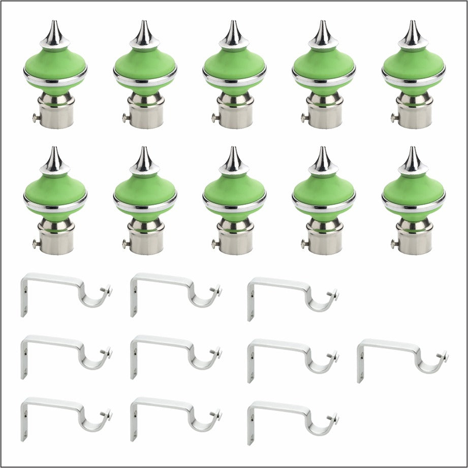 Gloxy Matka Shape Stainless Steel & ABS Curtain Rod Finials with Support– Green 5 Pair