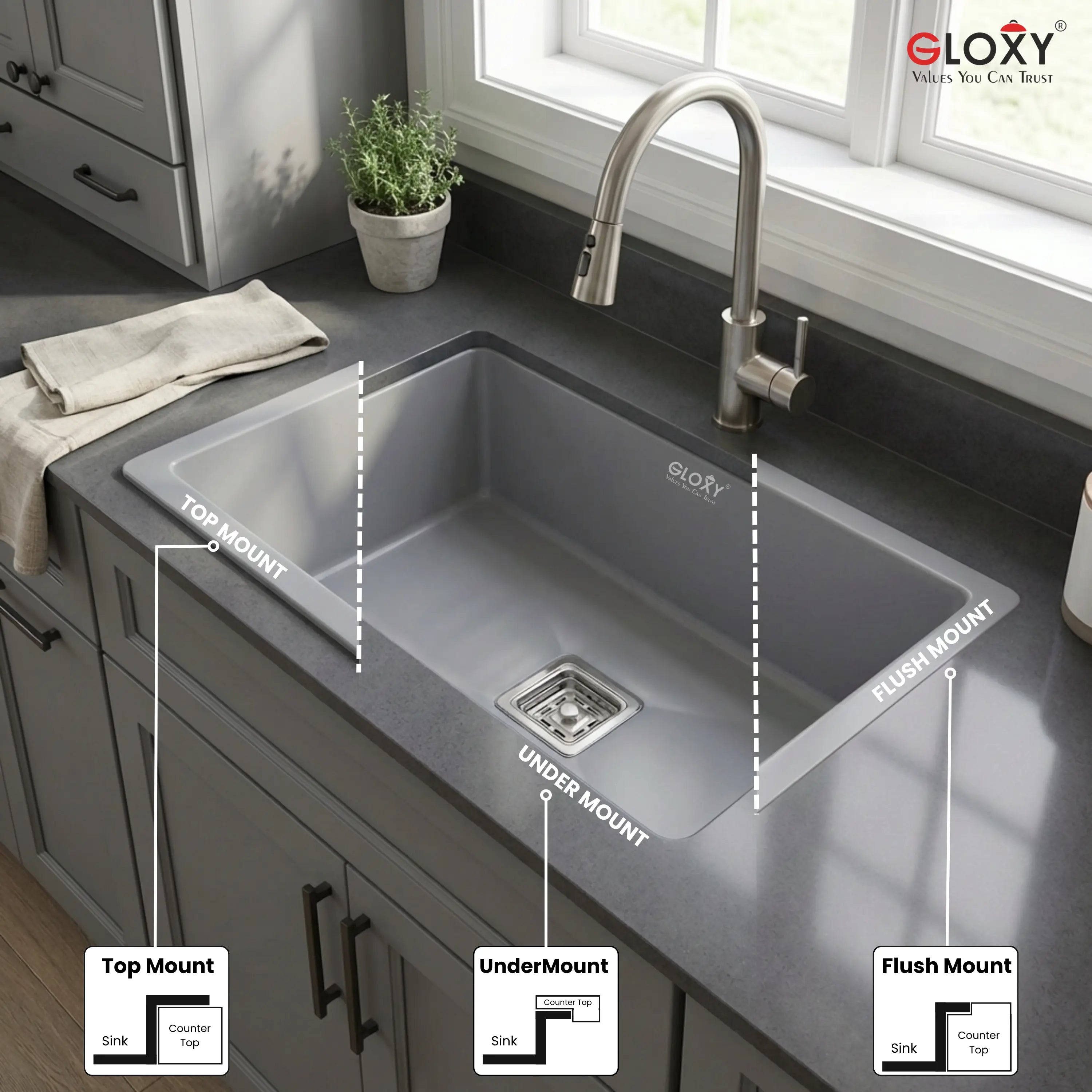 Gloxy Stainless Steel Handmade Single Bowl Quartz Kitchen Sink 21x18 Inch-Grey