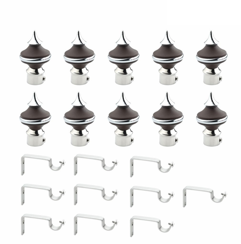 Gloxy Matka Shape Stainless Steel & ABS Curtain Rod Finials with Support– Brown 5 Pair