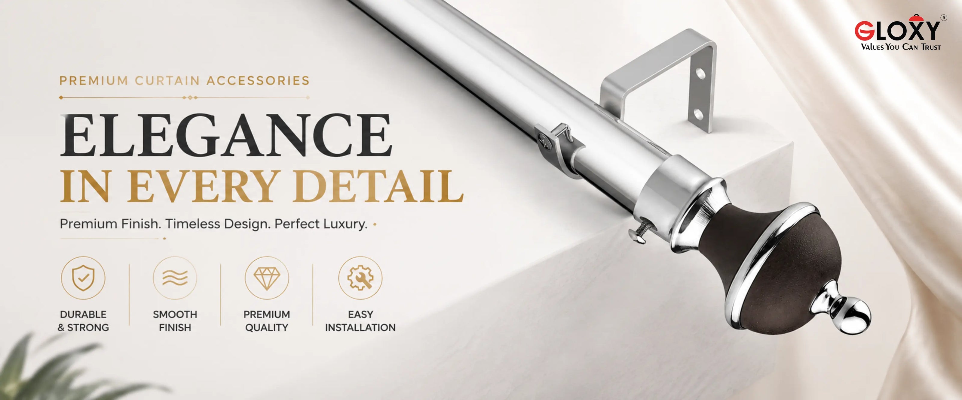 A luxury curtain rod set by Gloxy, featuring a polished silver metal rod, a decorative dark brown finial, and a wall mount bracket, presented on a clean beige background with promotional text.