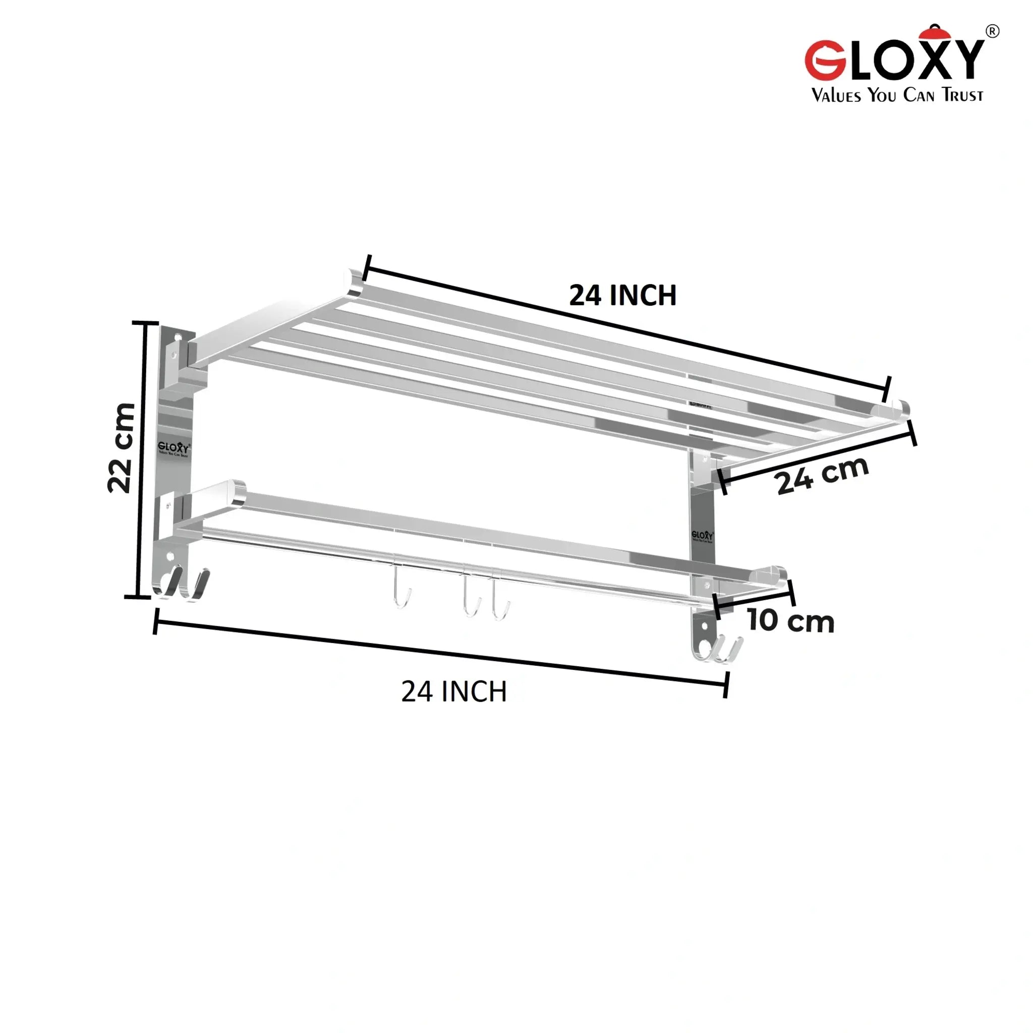 Rectangular Shape Stainless Steel Folding Large Towel Rack 24 Inch Silver -by GLOXY®