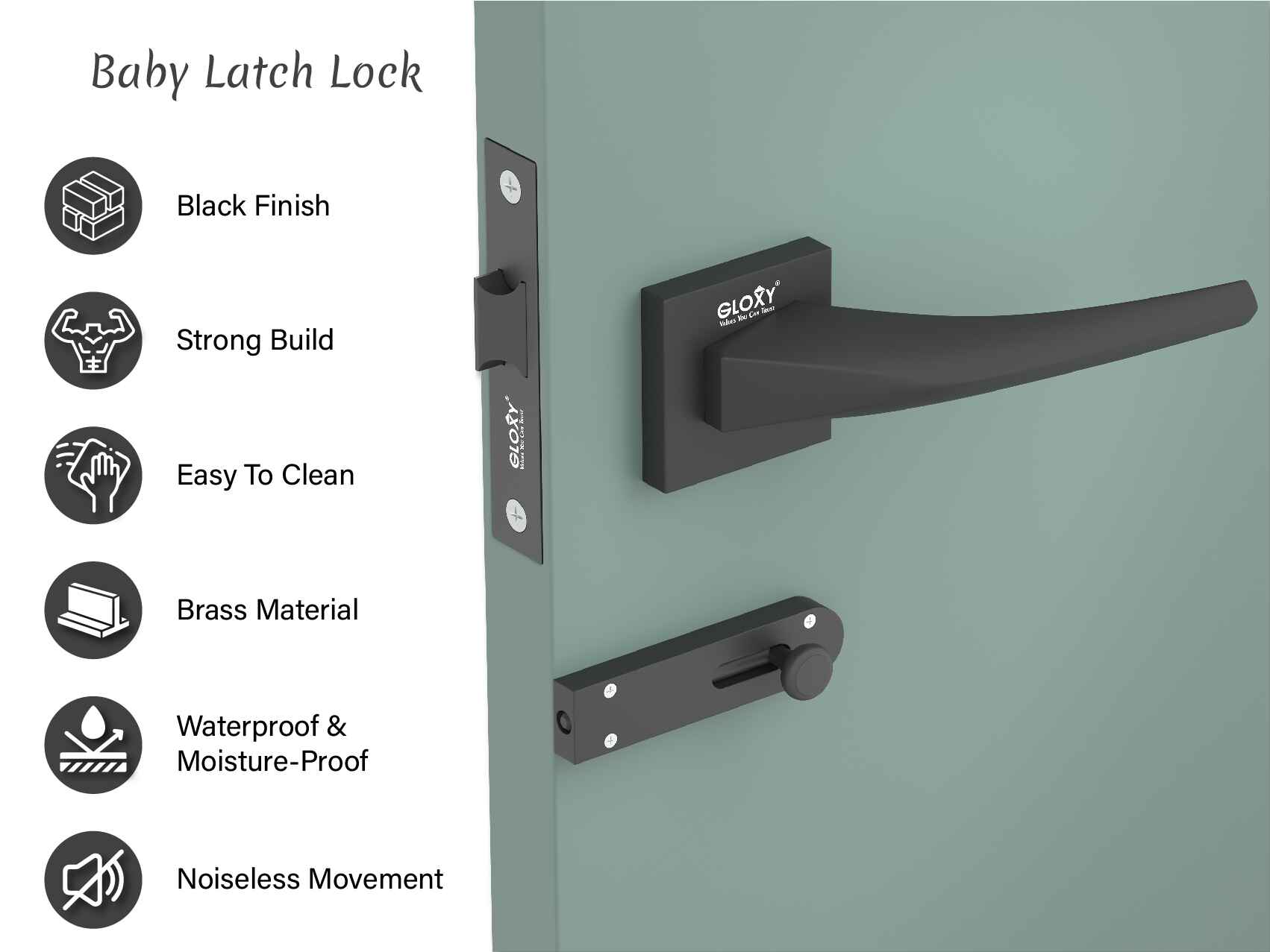 GLOXY Door Lock Set for Bathroom, Mortise Door Lock Handle Set for Balcony, Keyless Handle Set with Brass Baby Latch for Home,Store Room |Black Finish (2 Years Warranty, Pack of 1)