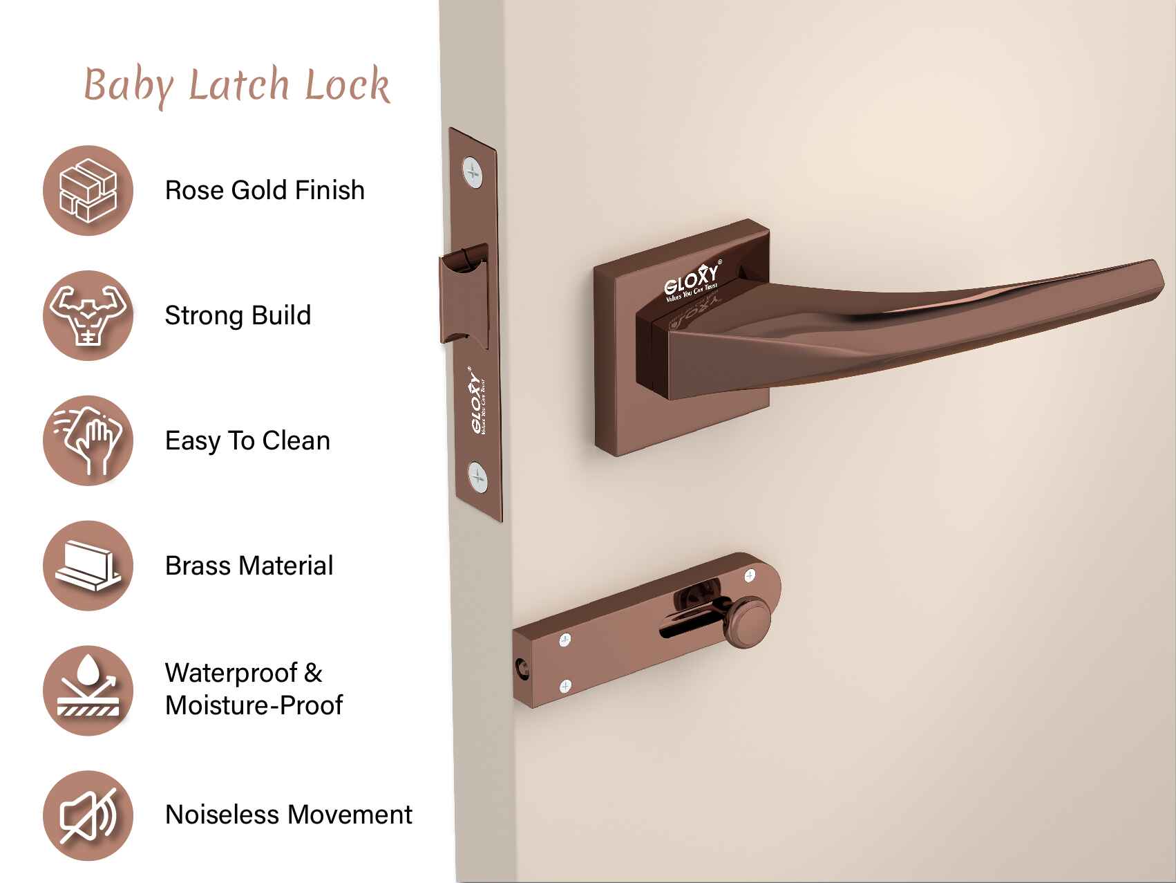 GLOXY Brass Door Lock Set for Bathroom,Mortise Door Lock Handle Set for Balcony,Keyless Lock Pull Handle Set for Storeroom |Rose Gold Finish (2 Years Warranty, Pack of 1)