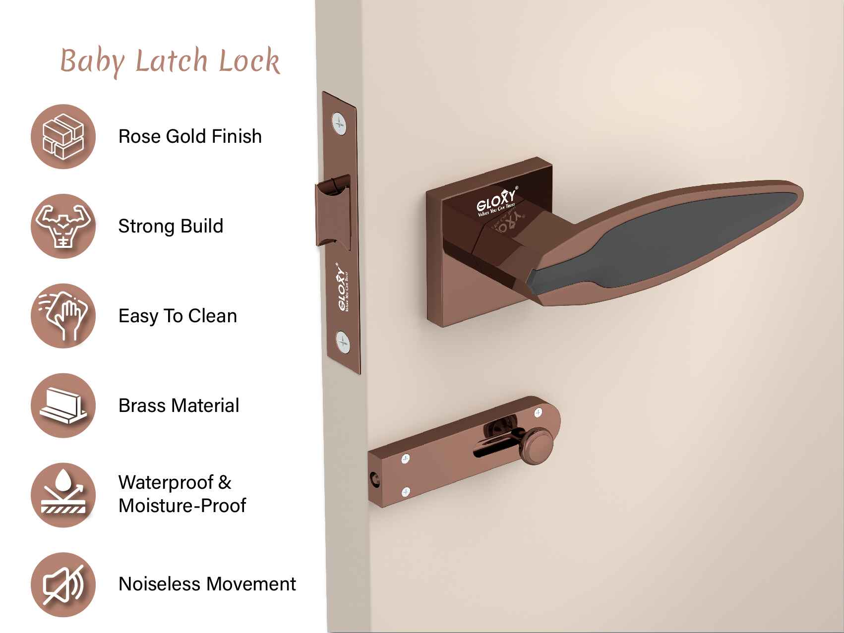 GLOXY Brass Mortise Door Lock for Balcony and Bathroom Door Lock/Keyless Pull Handle Set with Baby Latch for Hotel, Office,Store Room | Rose Gold & Black Finish (2 Years Warranty, Pack of 1)