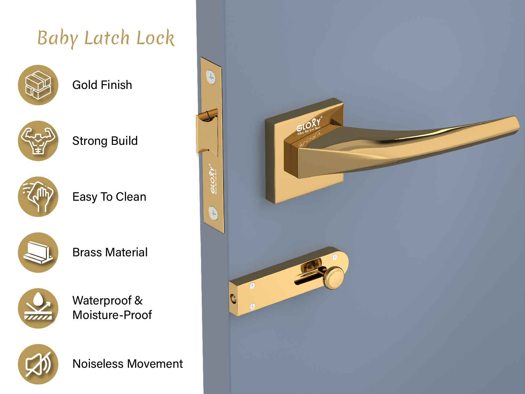 GLOXY Brass Door Lock Set for Bathroom, Mortise Door Lock Handle Set for Balcony, Keyless Lock Handle Set for Storeroom |Gold Finish (2 Years Warranty, Pack of 1)