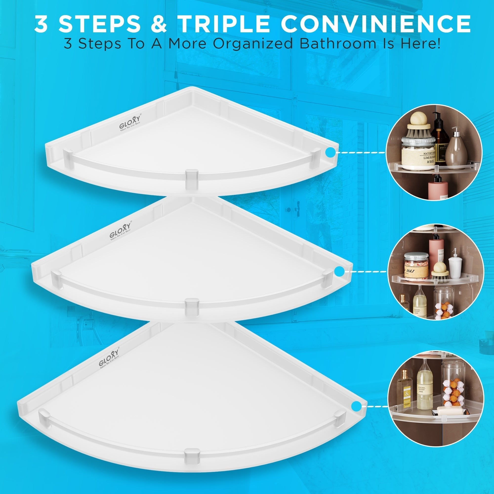 Gloxy Acrylic 3-Layer Matte Finish Bathroom Corner Organizer Wall Shelf