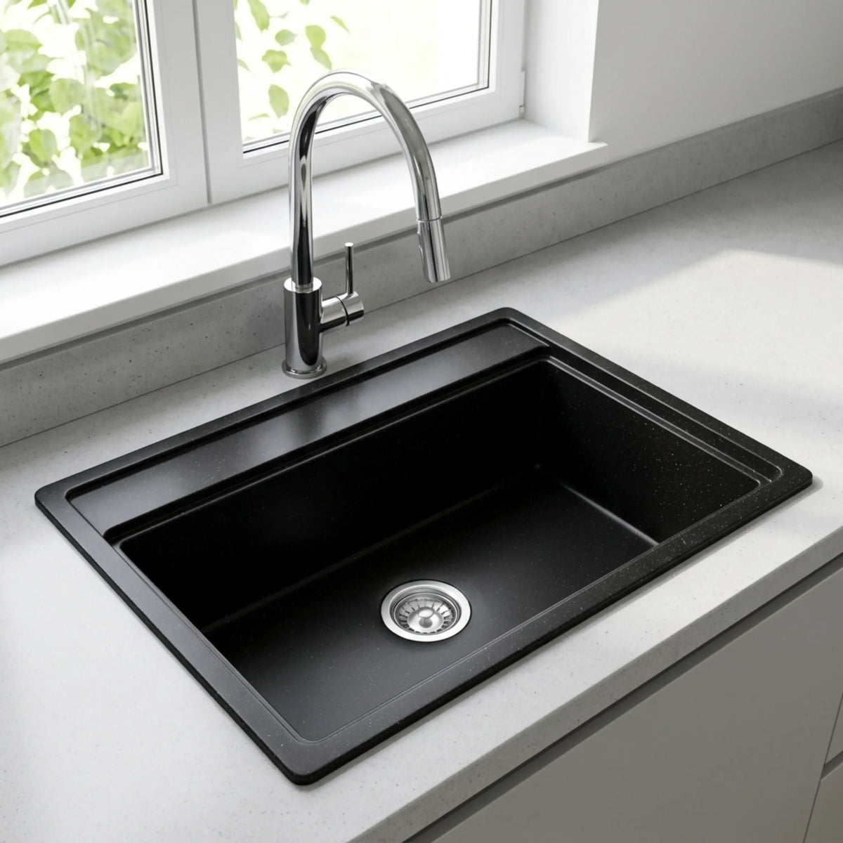 Gloxy Premium Granite Quartz Kitchen Sink 16" x 18" x 9" - Black Matte Finish