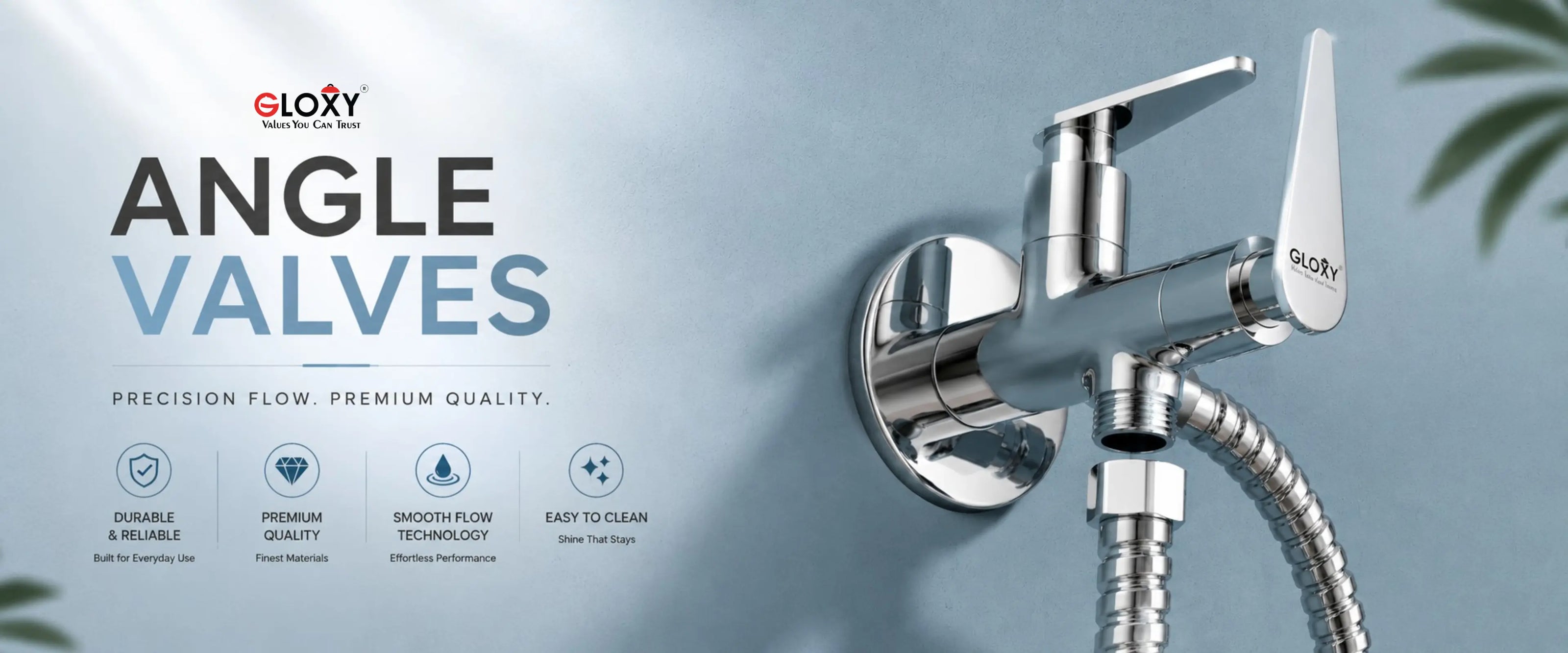 A glossy chrome angle valve shower fixture with a flexible hose, shown against a light blue background with promotional text and icons. The brand name 'GLOXY' is visible on the product and in the upper left.