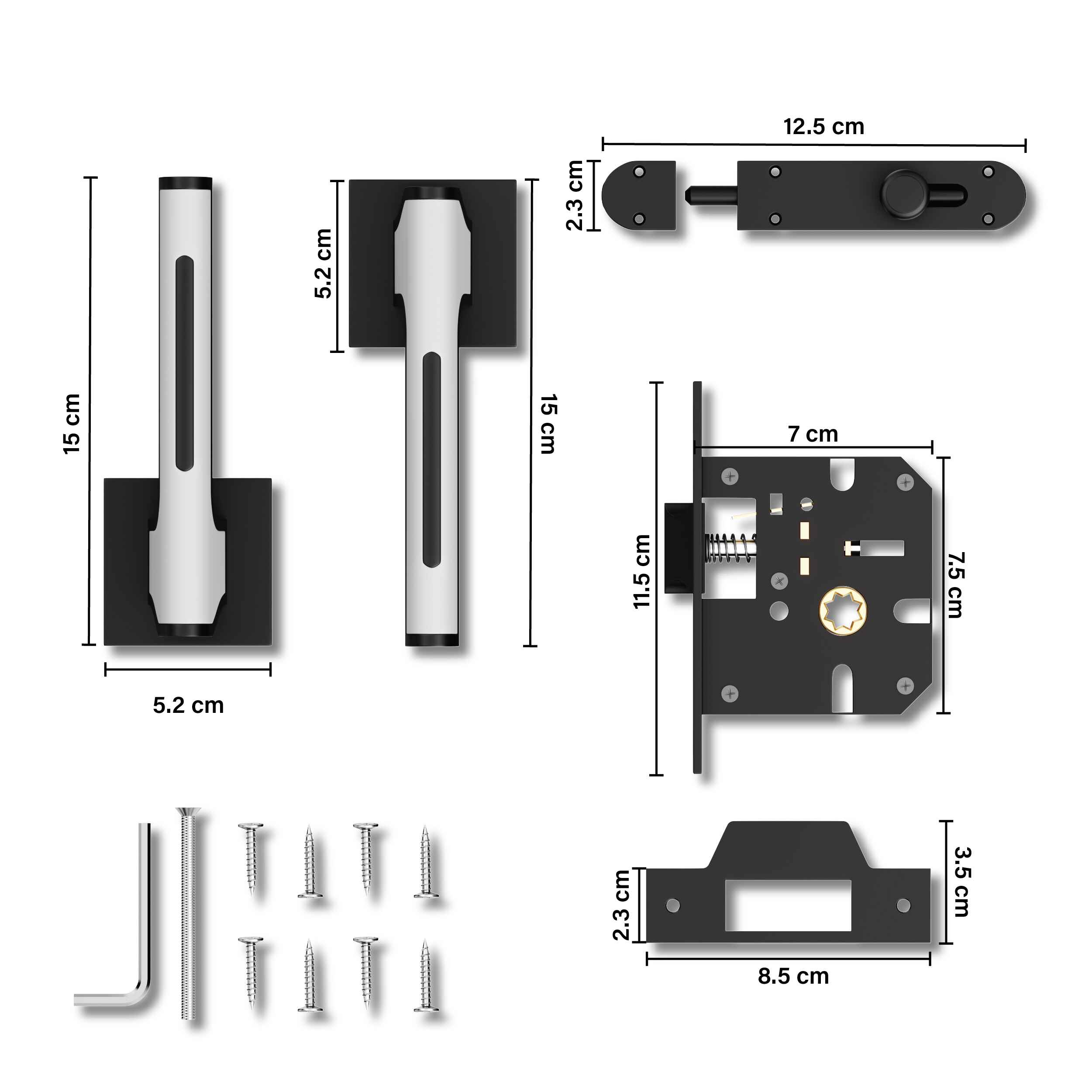 GLOXY Brass Door Lock for Balcony Store Room Door Lock, Mortise Keyless Handle Set with Brass Baby Latch for Home,Office,Hotel | Black & White Finish (2 Years Warranty, Pack of 1)