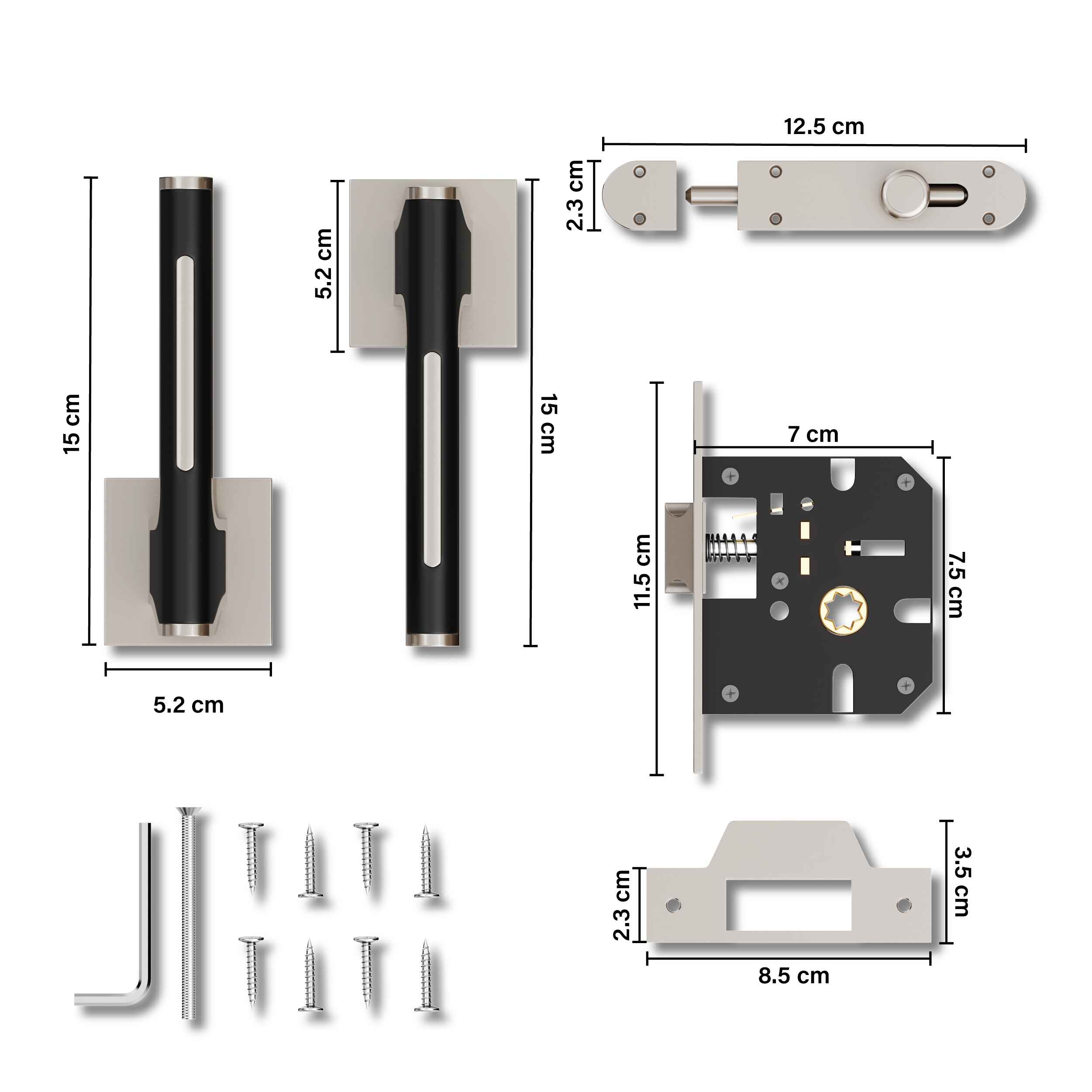 GLOXY Brass Door Lock for Balcony Store Room Door Lock, Mortise Keyless Handle Set with Brass Baby Latch for Home,Office,Hotel | Satin & Black Finish (2 Years Warranty, Pack of 1)